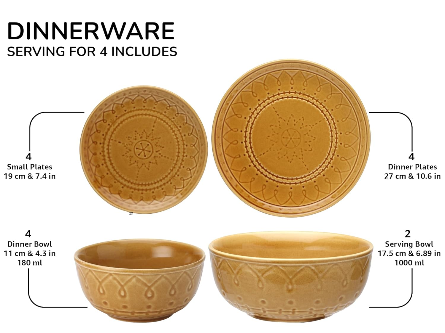 Handcrafted Stoneware Ceramic Dinner Set Of 14 Pcs With Serving Bowl Set - Golden Brown | 4 Dinner Plates+ 4 Small Plates+ 4 Small Bowls, 180ml Each+ 2 Serving Bowls, 1000ml Each | Dishwasher Safe