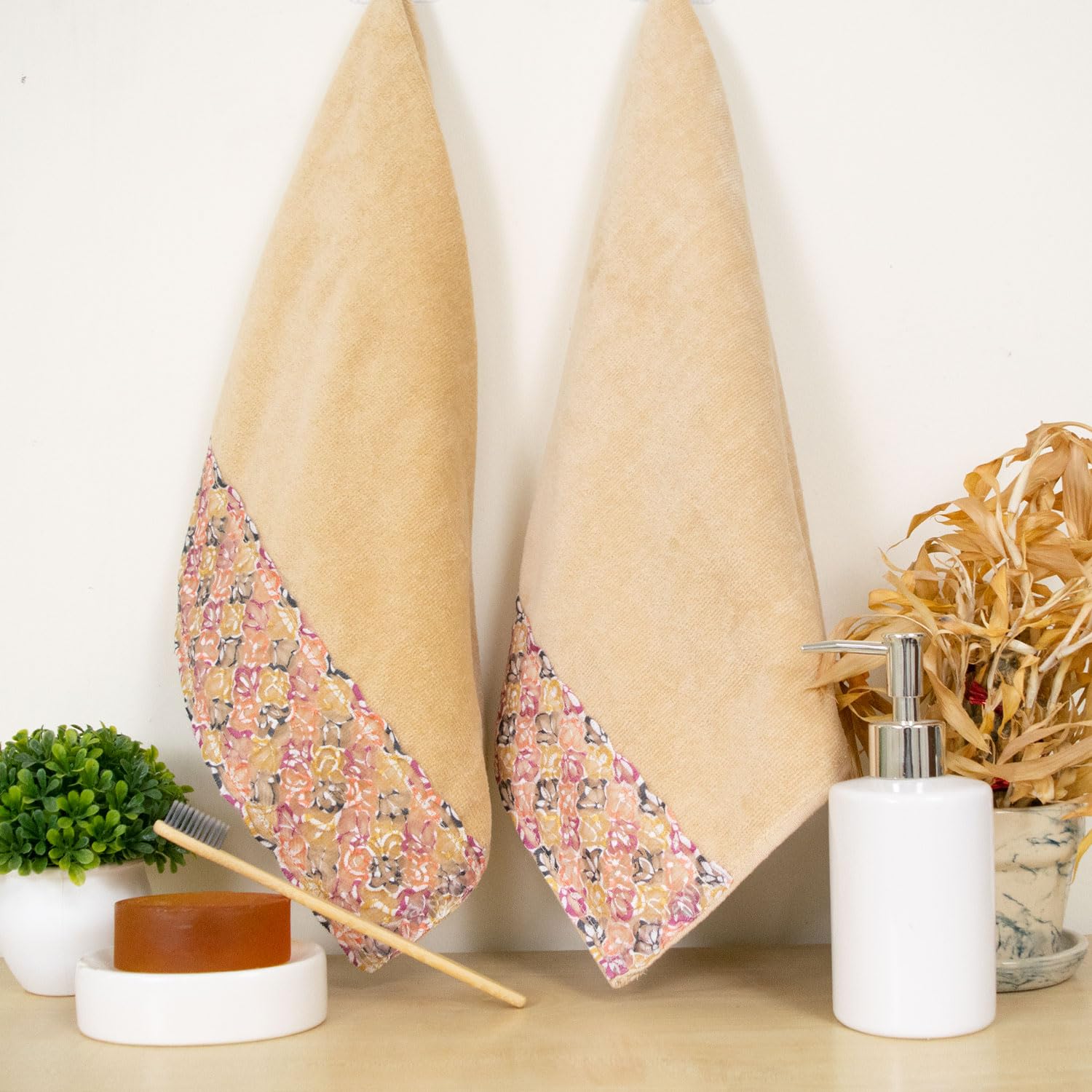 Rangoli Prima Dream 100% Cotton Lace Hand Towel 400 Gsm | Ultra Soft, Super Absorbent & Eco-Friendly Hanging Hand Towels (Beige) - Pack Of 2