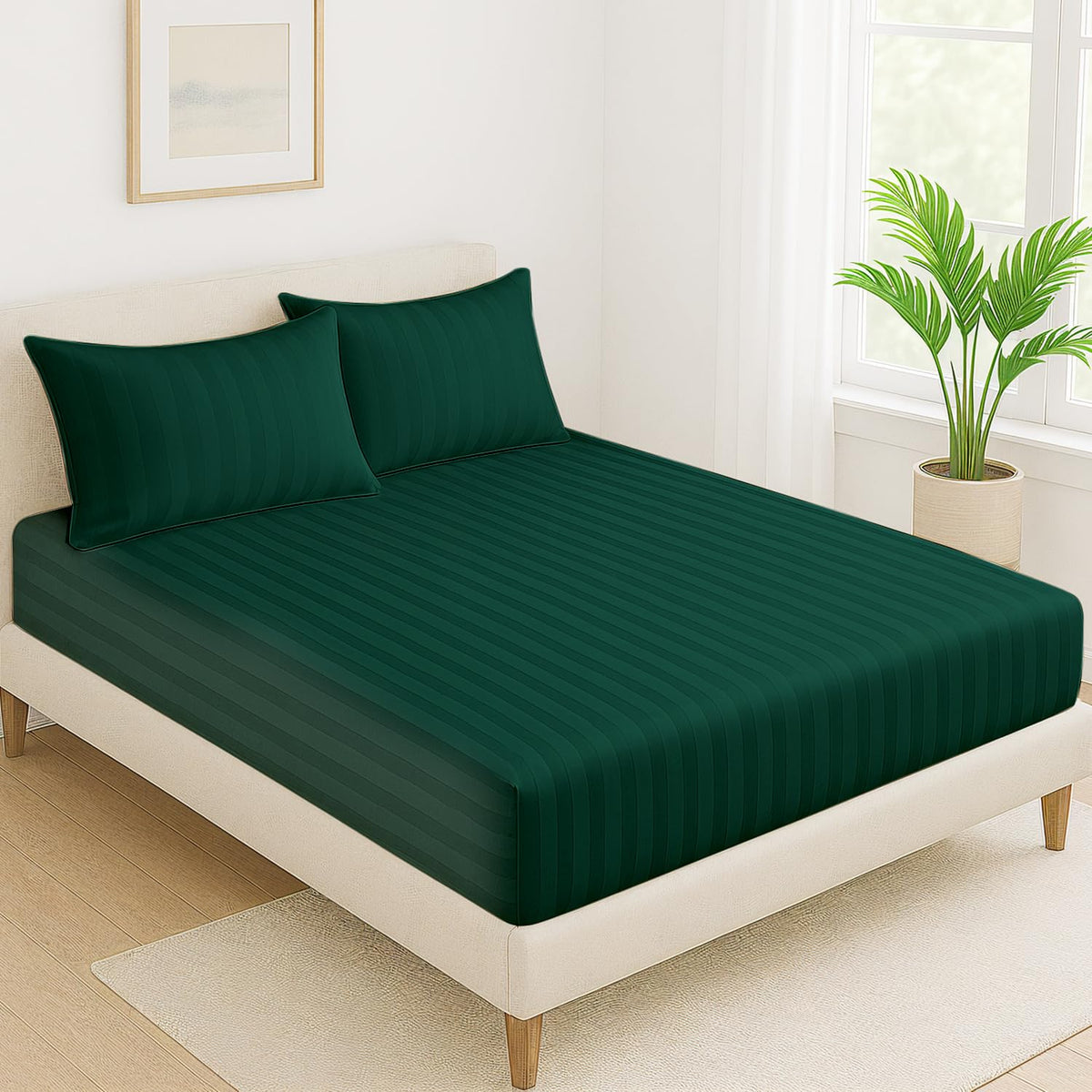 Elastic Fitted Bedsheet For Queen Size With 2 Pillow Covers | 60 X 78 Inches, Deep Green - Soft & Comfortable Ideal For Guest Room, Hotel