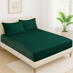 Elastic Fitted Bedsheet For Queen Size With 2 Pillow Covers | 60 X 78 Inches, Deep Green - Soft & Comfortable Ideal For Guest Room, Hotel