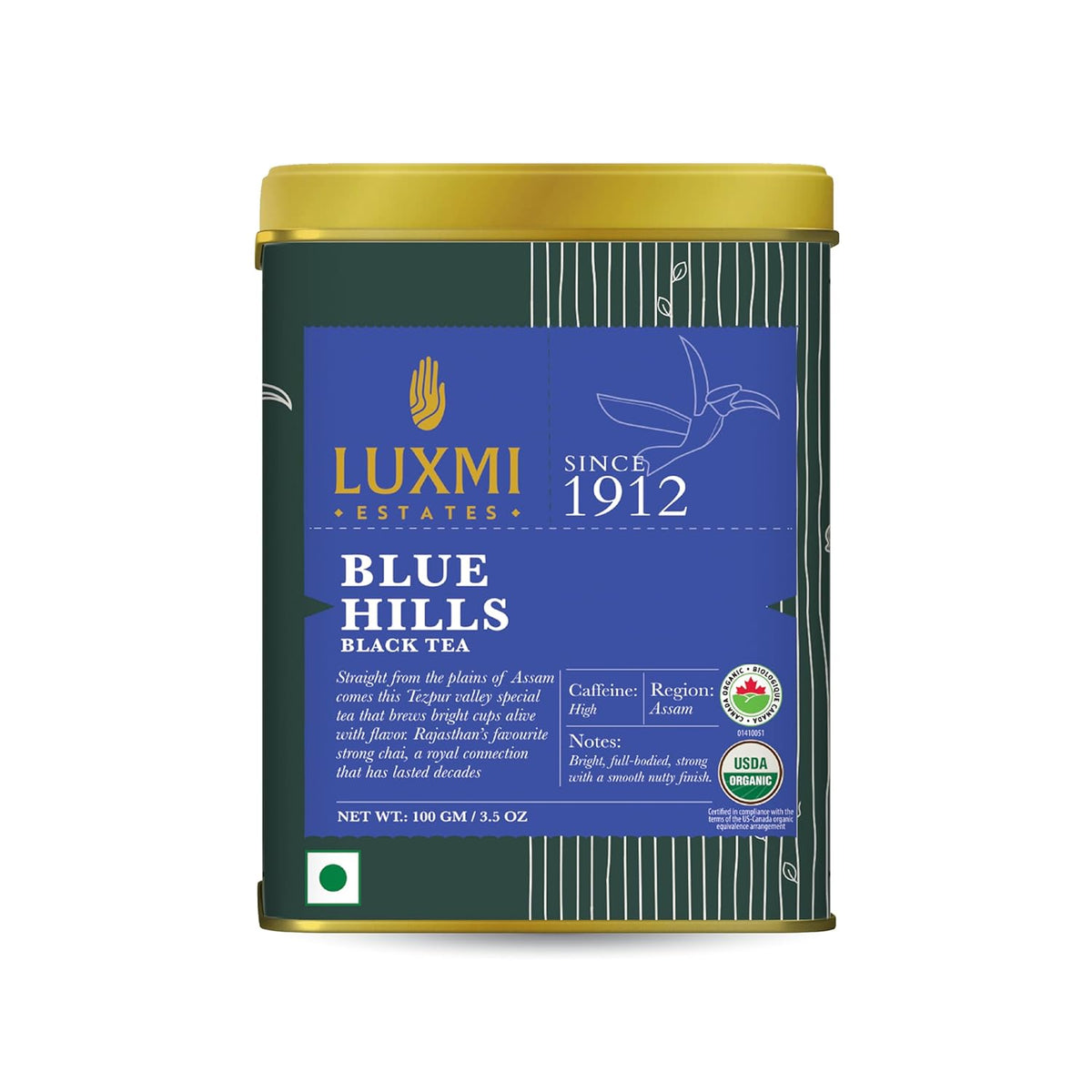 Luxmi Estates Blue Hills Black Tea - 100gm, 3.5 Ounce, 50 Cups | Premium CTC Blended Tea With Leaf - Strong Assam Flavor | Additives Free, High Caffeine Black Tea