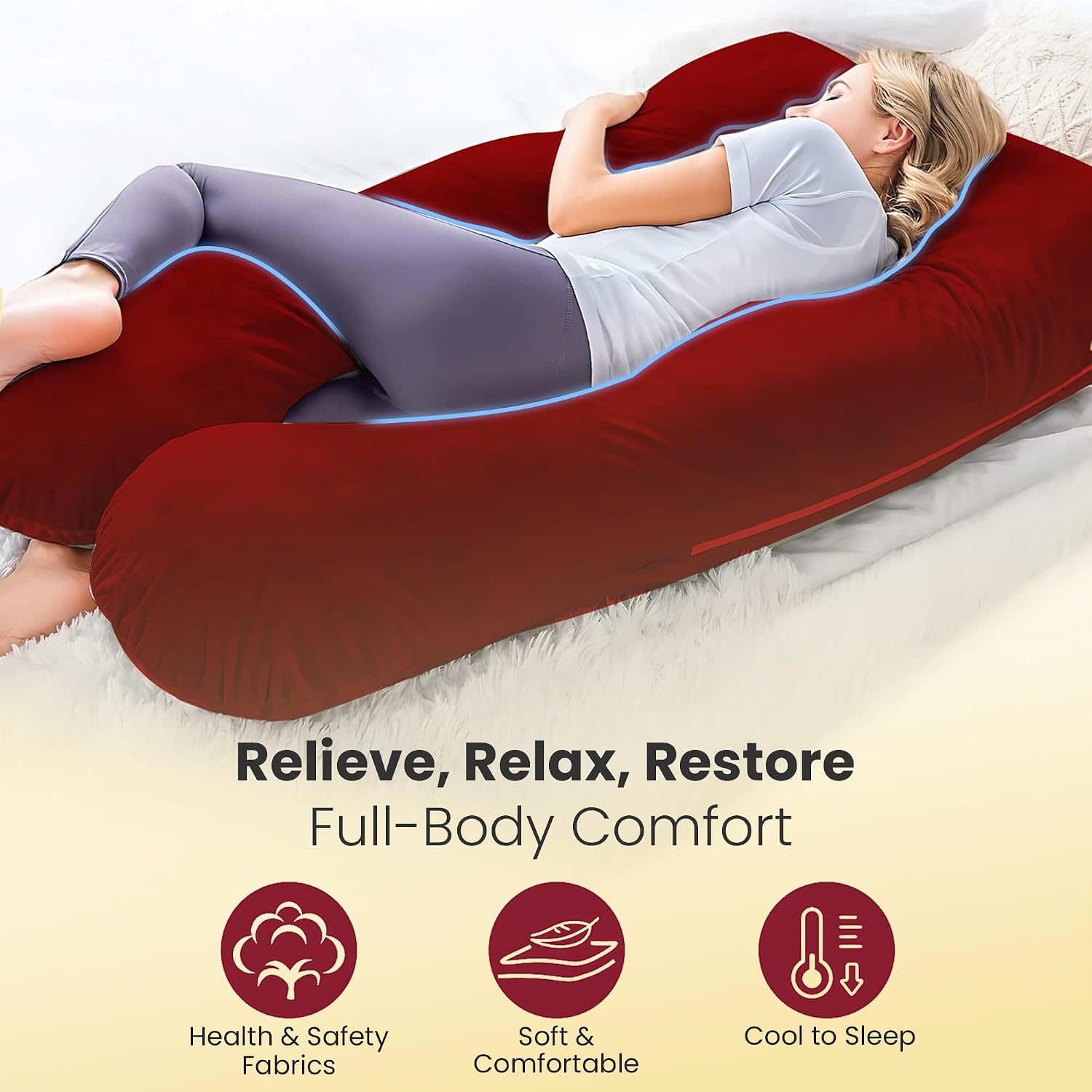 U Shape Full Body Pillow, Pregnancy Pillows For Sleeping, Maroon Color | Maternity Pillows For Back, Hips, Legs, Belly | For Pregnant Women With Removable, Washable Velvet Cover, Adjustable