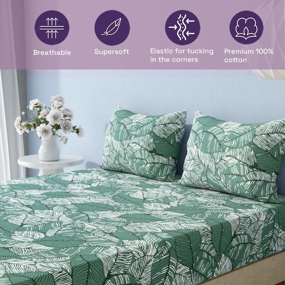 1 Double Bedsheet With 2 Matching Pillow Covers 72 X 48 Inches, Sea Green | 220 Thread Count Durable & Long Lasting | All Around Elastic Fitted Sheet