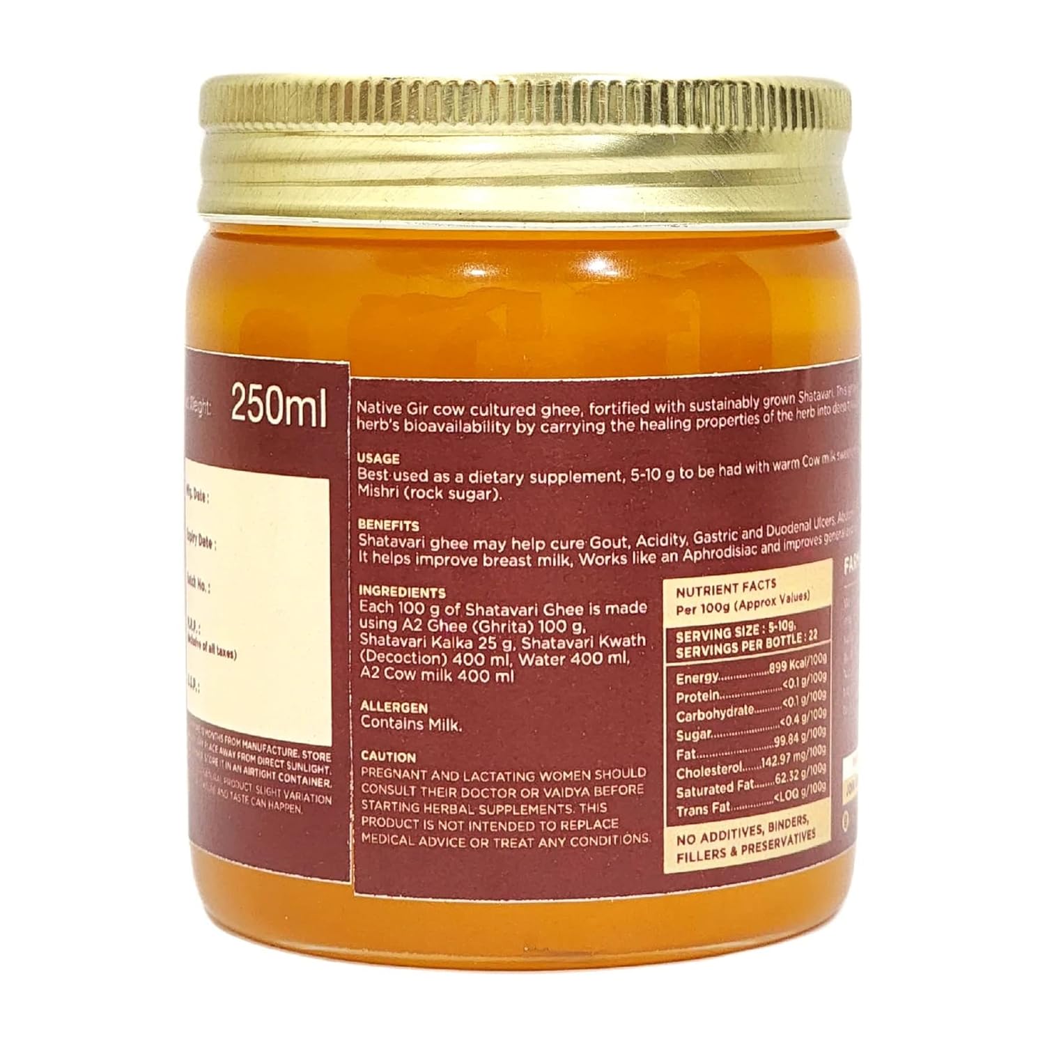 Natural (Shatavari) A2 Gir Cow Cultured Desi Ghee By Two Brothers Organic Farms | Naturally & Healthy Protein Fiber Desi Ghee Good For Heart Health | (250ml) 8.4 Ounce | Jar Pack