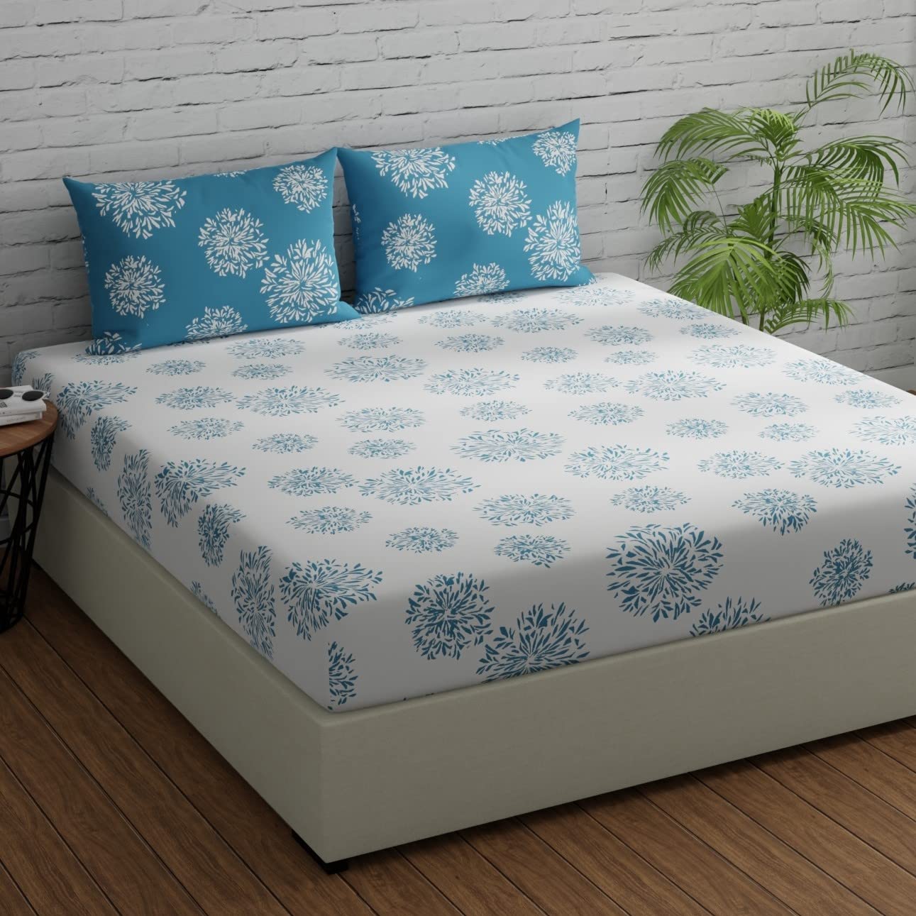 Flat Bedsheet For Double Bed With 2 Pillow Covers - 88 X 96 Inches, White & Blue | Comfort Fabric Bedsheet Home, Hotel & Guest House