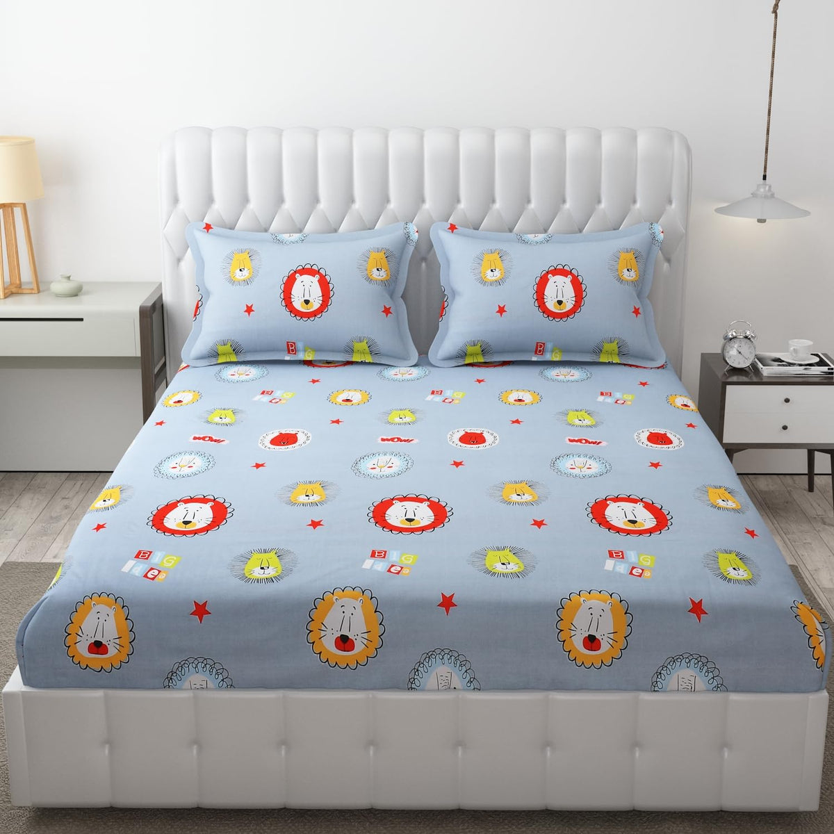 Wrinkle Free Soft Kids Double Bedsheets For King Size With 2 Pillow Cover | 90 X 95 Inches, Grey | Cartoon Printed Design | Child Bedroom Decor