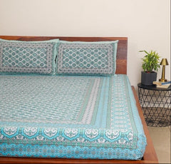 Traditional Rajasthani Design Bedsheet With 2 Pillow Covers - 90 X 108 Inches, Teal | Color Fade Resistant & Shrinkage Resistant For All-Season Use