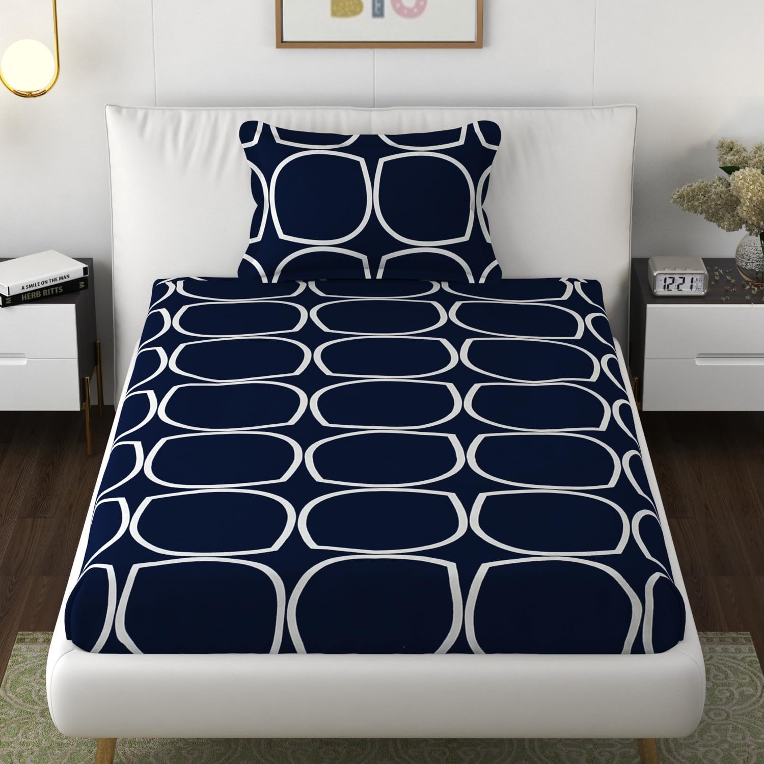Premium Cotton Elastic Fitted 1 Single Bedsheets With 1 Large Pillow Covers | Size 36 X 78 Inches, Dark Blue - Wrinkle Free & Soft Touch Summer Bedsheet