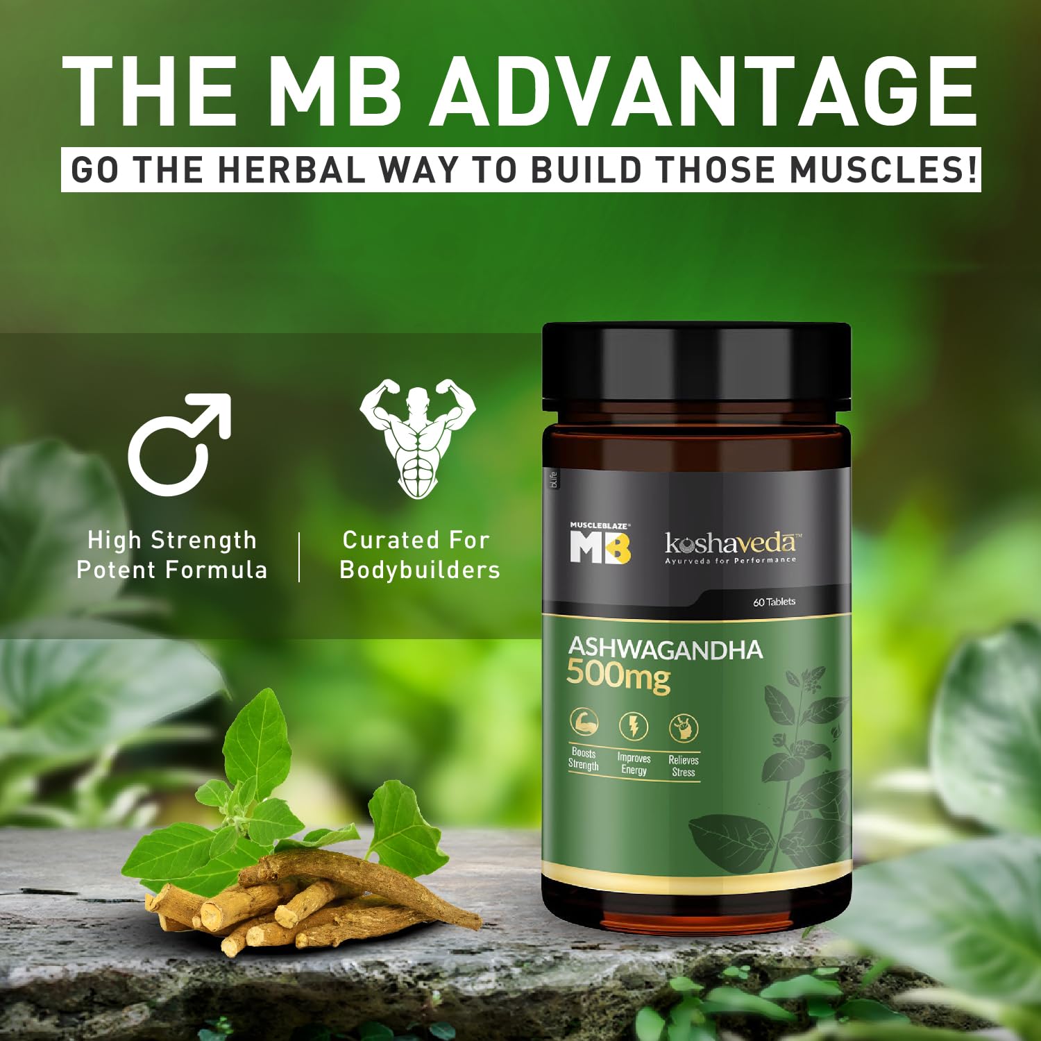 Muscleblaze Koshaveda Ashwagandha 500mg Ayurveda For Performance, Ayush Approved, High Strength Potent Formula, Boost Muscle Mass & Strength, Enhance Immunity | 60 Tablets 100gm 0.2lbs