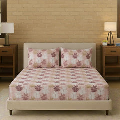 Double Bed Size Elastic Fitted Bedsheet With 2 Matching Pillow Cover - 60 X 72 Inches, Ferns Coral | Bedroom With Luxury & Comfort Bedsheet