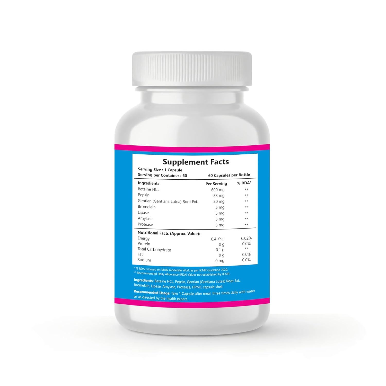 Nutrinow Betaine Hcl + Pepsin With Digestive Enzymes Supports Healthy Gut, Digestion, Gas & Acidity Problems & Boosts Metabolism | 60 Veg Capsules, 100gm 0.2lbs