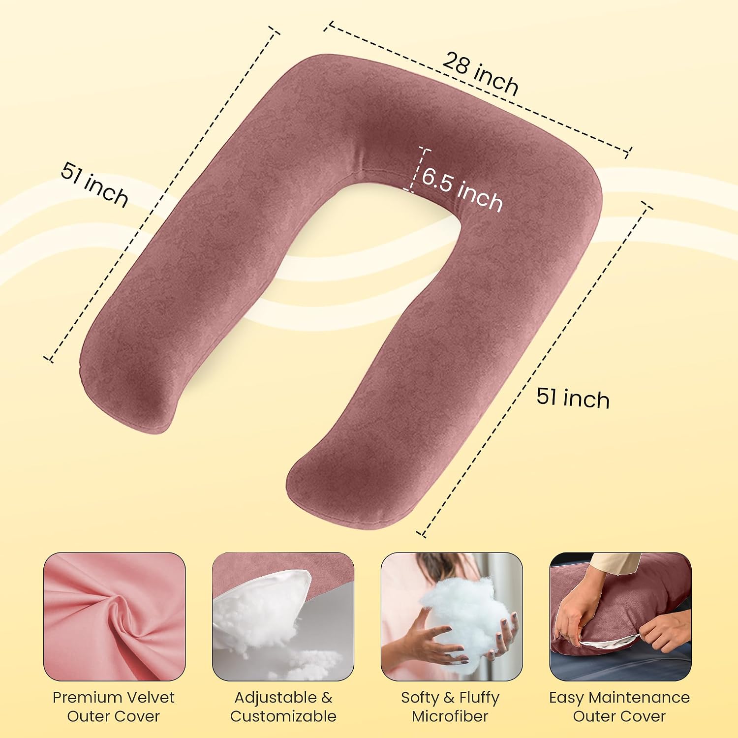 U Shape Full Body Pillow, Pregnancy Pillows For Sleeping, Adjustable, Peach Color | Maternity Pillows For Back, Hips, Legs, Belly | For Pregnant Women With Removable, Washable Velvet Cover