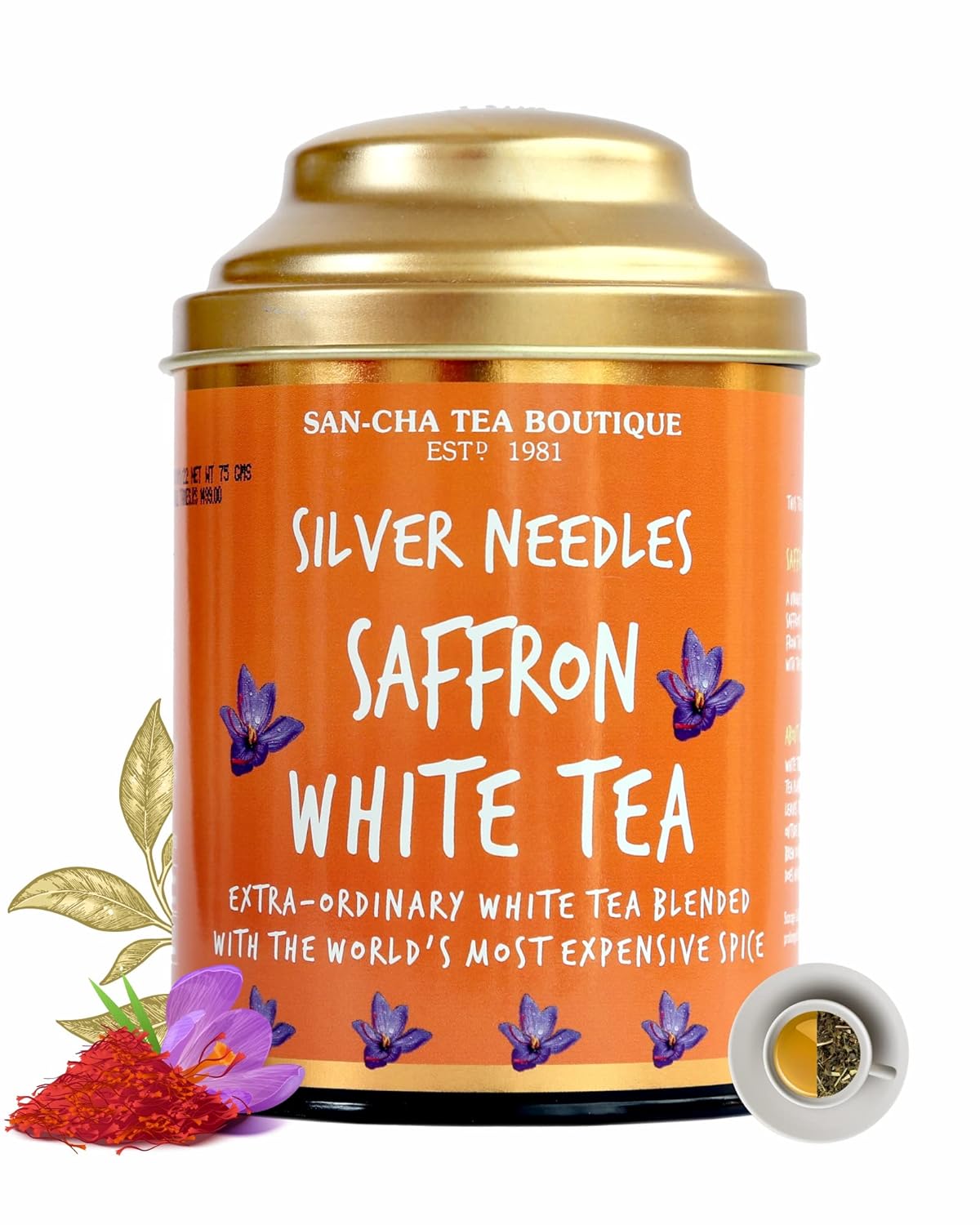 San-Cha Silver Needles Saffron White Tea - 75gm, 2.6 Ounce | Promotes Healthy & Glowing Skin - Low Caffeine, Richest In Antioxidants