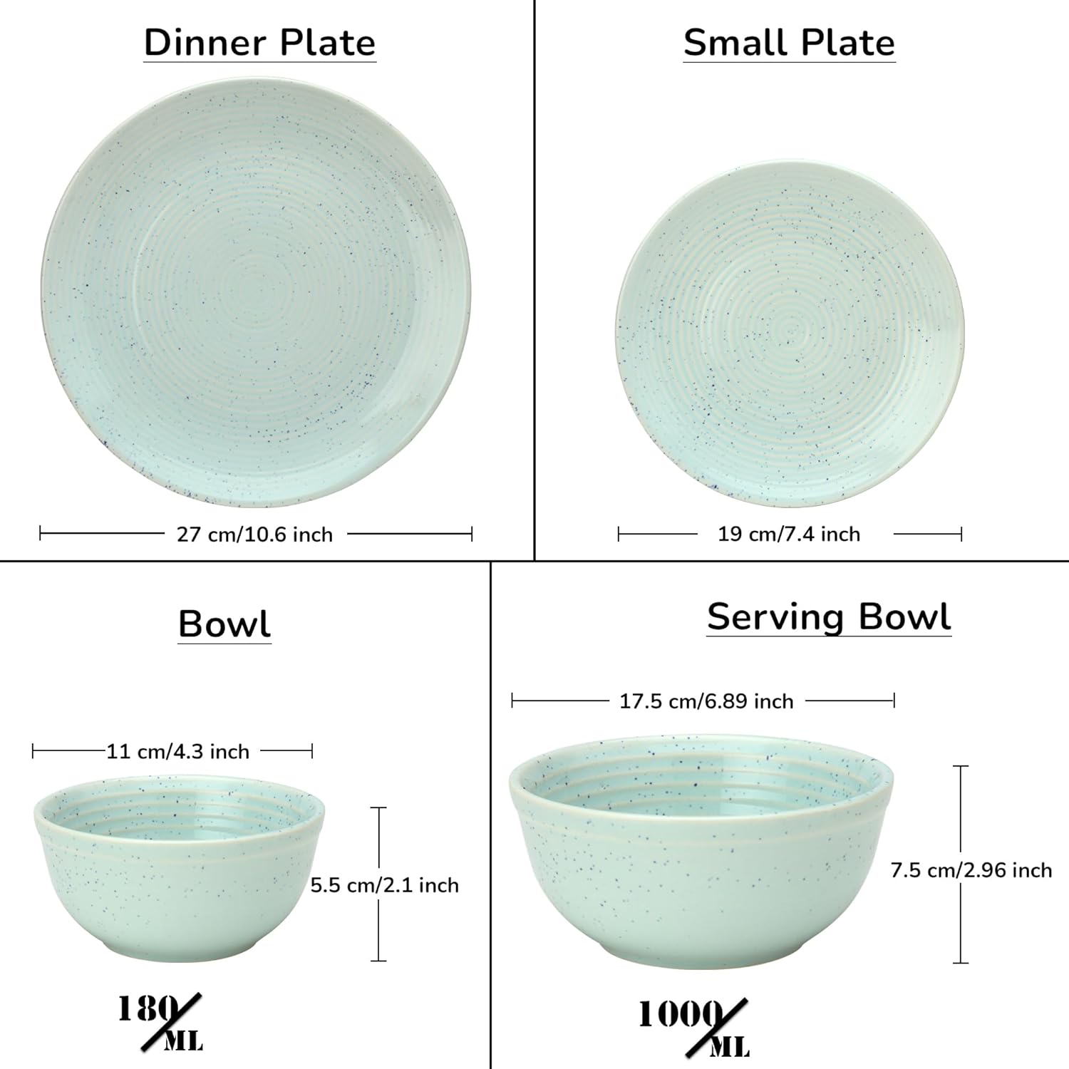 Handcrafted Ceramic Stoneware Dinner Set Of 14 Pieces With Serving Bowl Set - Mint Green | 4 Dinner Plates + 4 Small Plates + 4 Dinner Bowl, 180ml Each+ 2 Serving Bowl, 1000ml Each - Microwave Safe