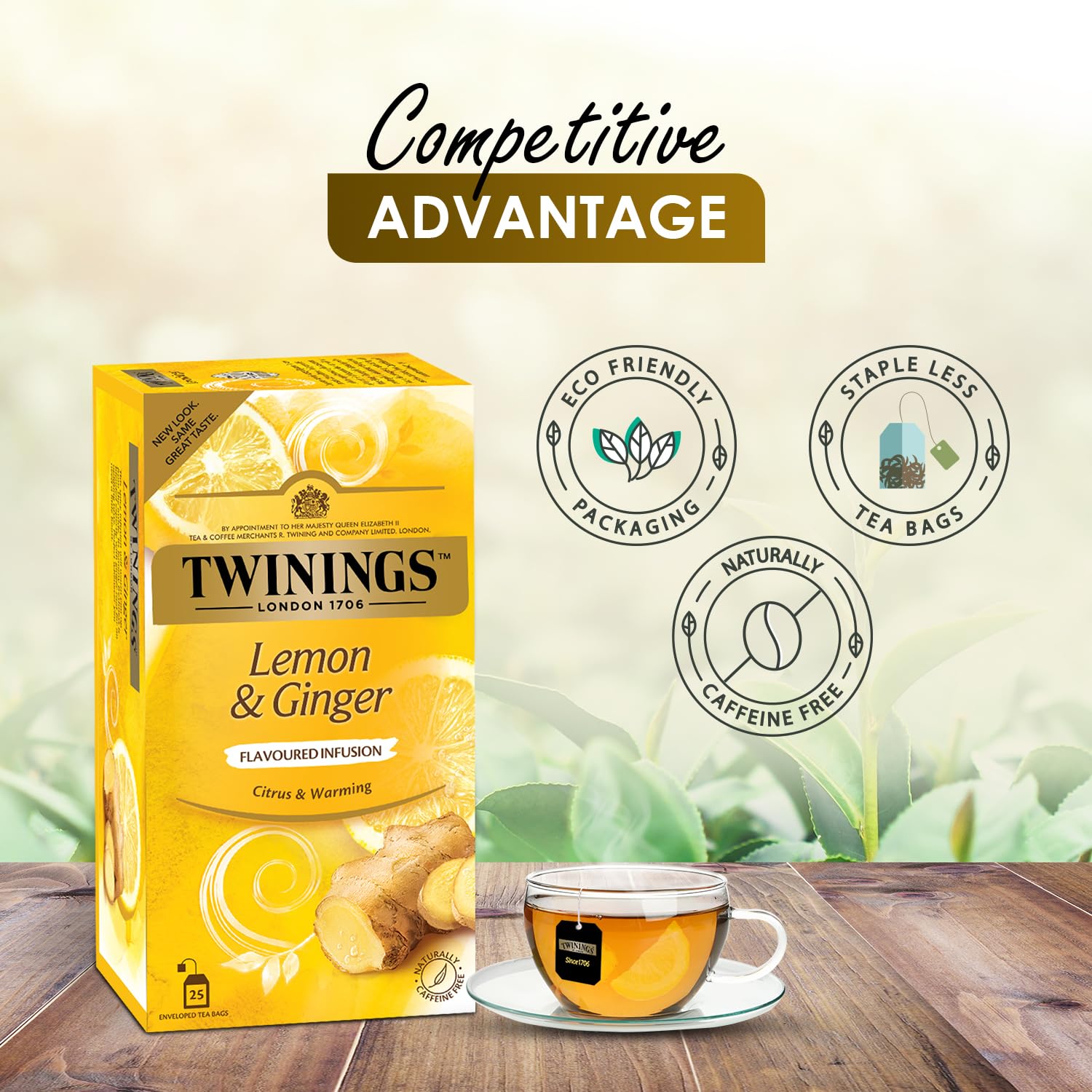 Twinings Lemon & Ginger Tea - 25 Enveloped Tea Bags | Citrus & Warming Flavored Infusion Tea - Medium Caffeine, Rich In Antioxidants