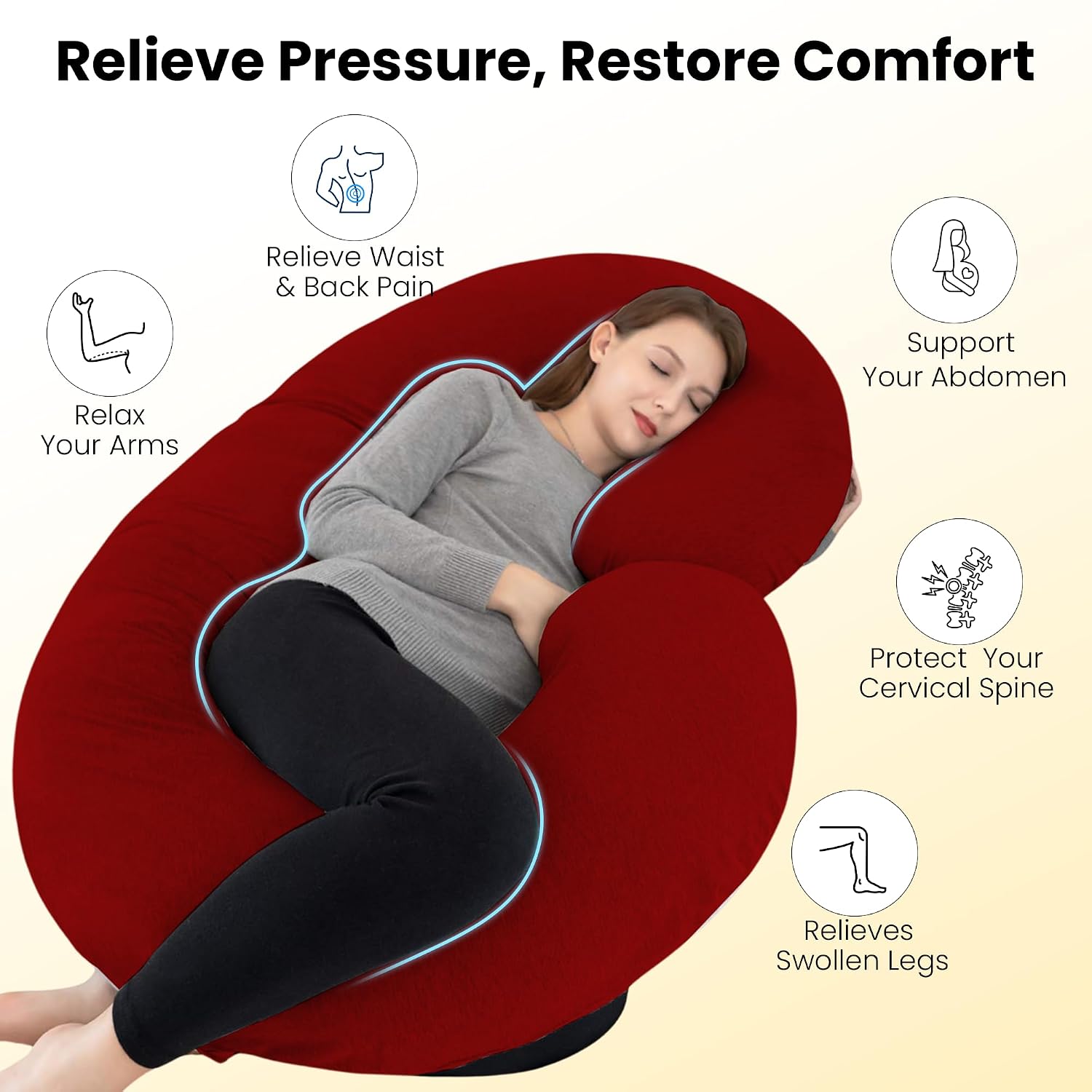 C Shape Full Body Pillow, Pregnancy Pillows For Sleeping, Maroon Color | Maternity Pillows For Back, Hips, Legs, Belly | For Pregnant Women With Removable, Washable Maroon Velvet Cover