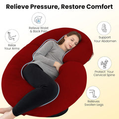 C Shape Full Body Pillow, Pregnancy Pillows For Sleeping, Maroon Color | Maternity Pillows For Back, Hips, Legs, Belly | For Pregnant Women With Removable, Washable Maroon Velvet Cover
