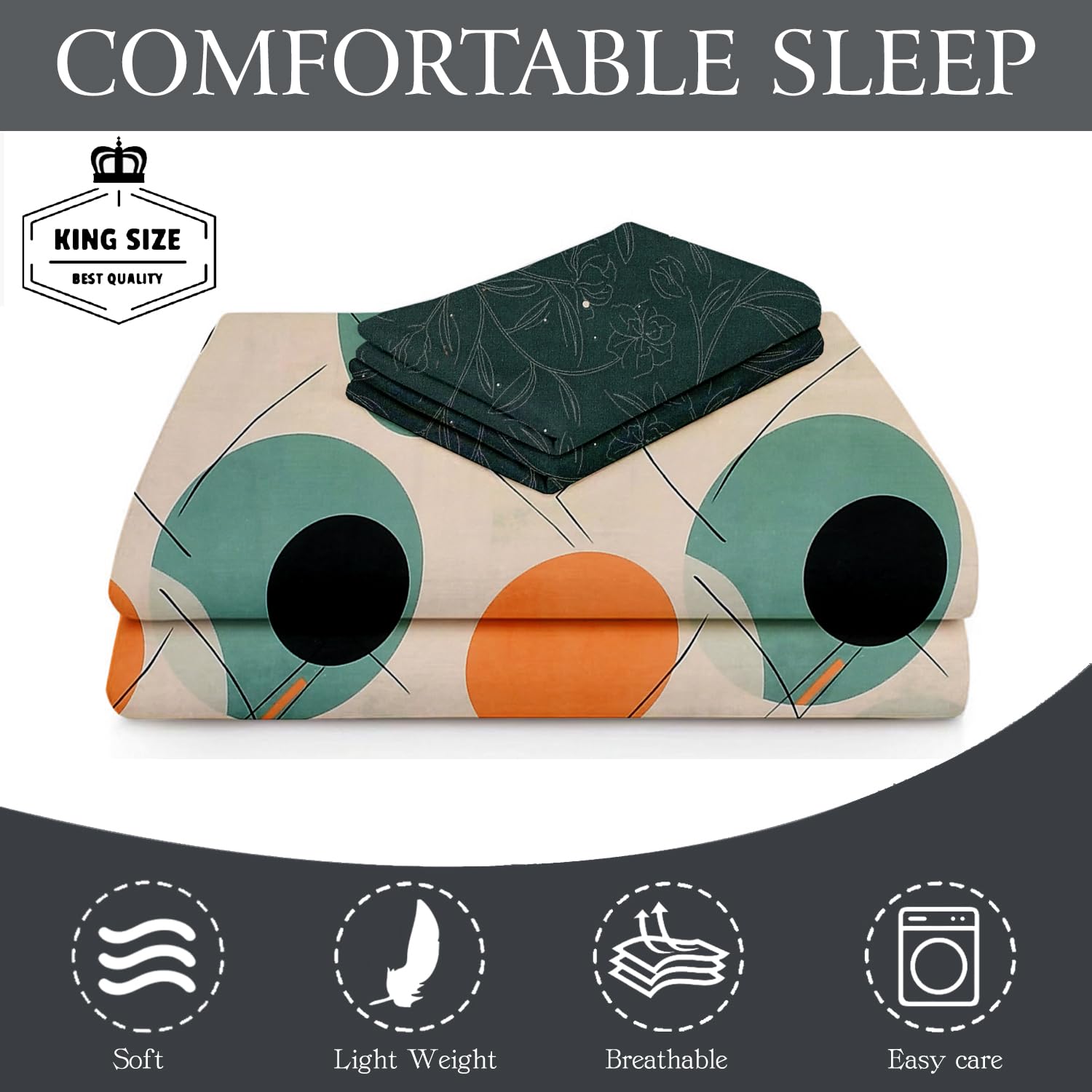 Printed King Size Bedsheet With 2 Pillow Cover - 108 X 108 Inches, Sea Green | Double Bed Breathable & Wrinkle Free | All-Season Comfort Bedsheet