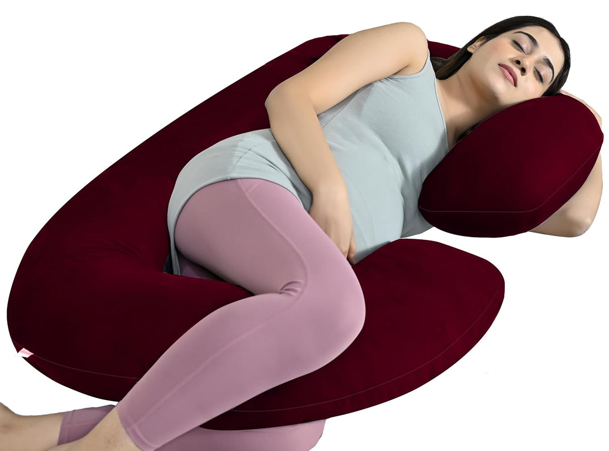 C Shaped Pregnancy Pillow For Maternity & Baby Nursing, Full Body Support, Maroon | Abdomen, Spine, Neck & Head Support Cushion | Premium Velvet Outer Cover With Zip, Adjustable Pillow
