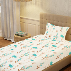 Printed Bedsheet For Single Bed With 1 Pillow Cover (Size 58 X 90 Inches) Cream & Sky Blue | Bedding Set Is Beautifully Coordinated | Breathable, Lightweight & Easy To Maintain
