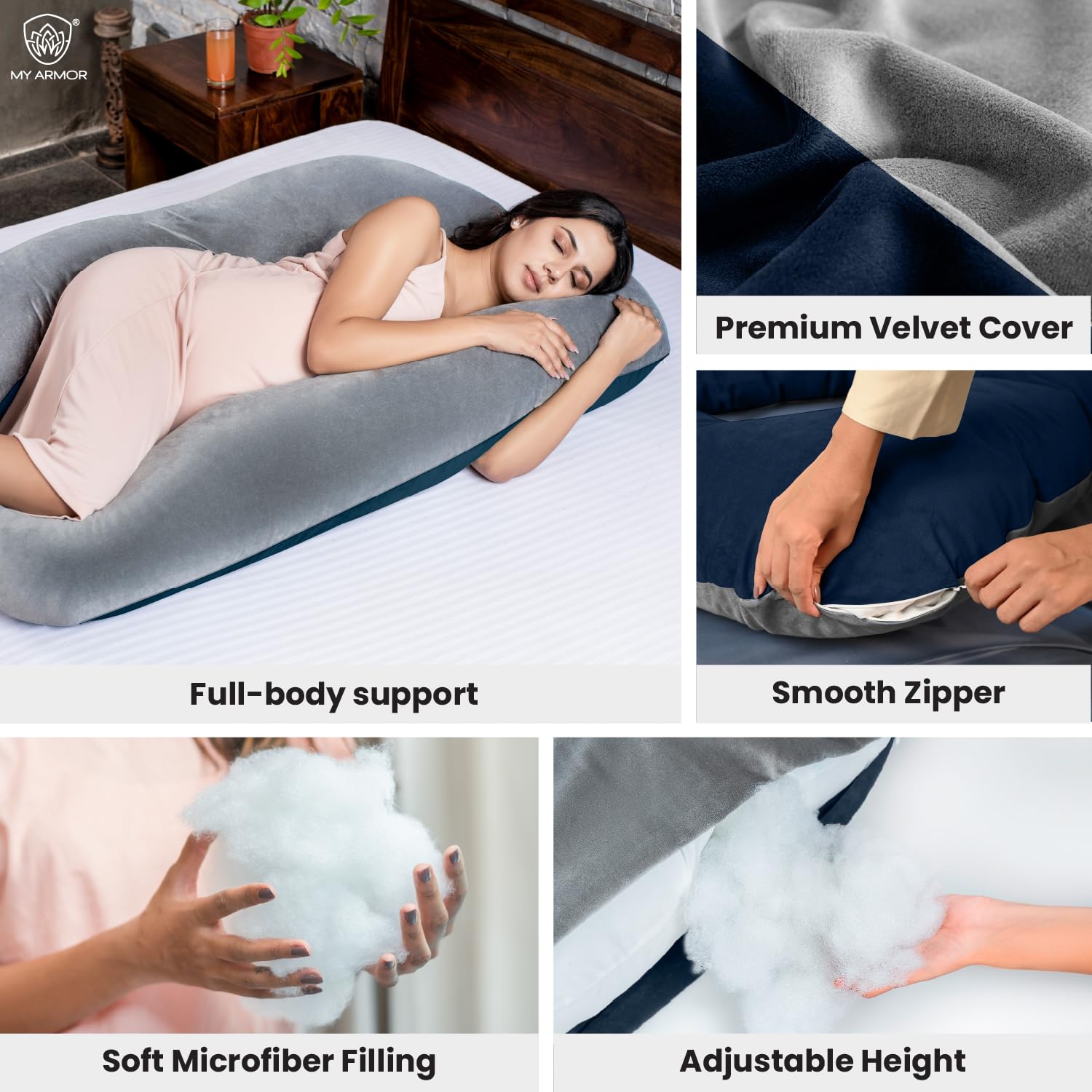 Full Body U Shape Pregnancy Pillow For Women, Maternity Pillow, Grey & Navy Blue | Pillow Gift For Pregnancy Sleeping, Premium Velvet Cover With Zip | Adjustable & Washable, Relieves Pain
