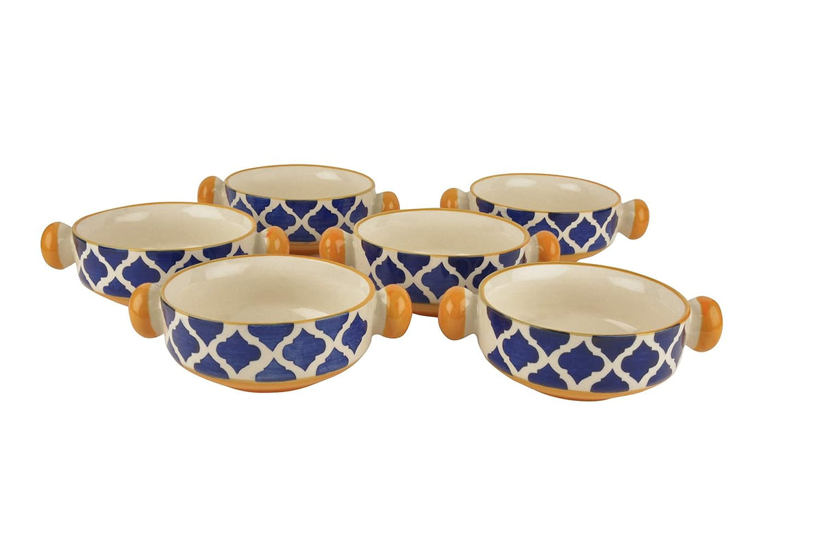 Ceramic Hand Painted Mughal Design Soup Bowls With Handle Set Of 6 - 300ml Each, Blue & Yellow | Ceramic Maggi Bowls - Cereal Bowls