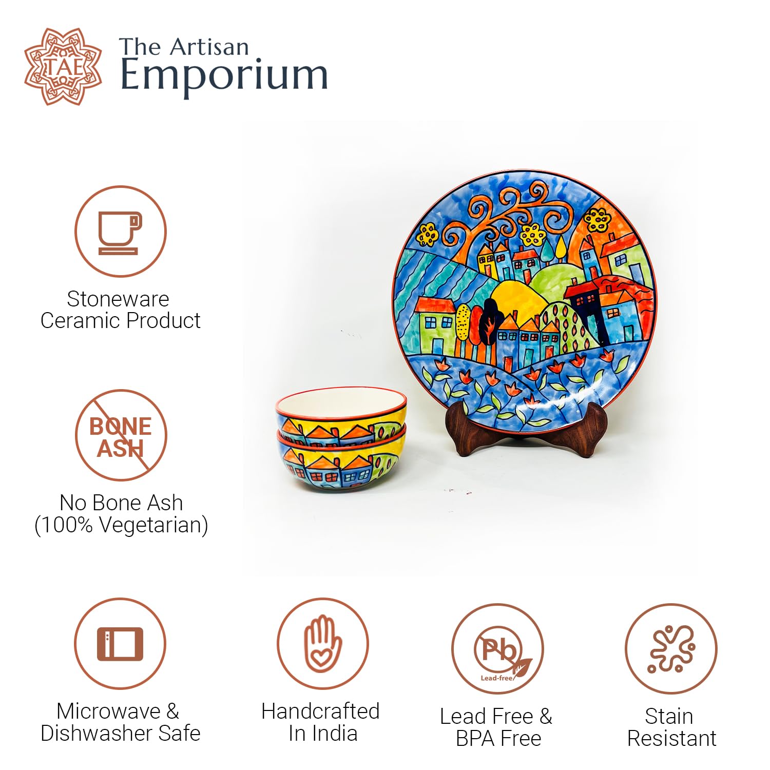 Exotic Panorama Hand Painted Ceramic Dinner Set - 8 Pieces, Multicolor | 4 Dinner Plates + 4 Katori Bowls, 180ml Each Dinnerware Set | Serving For 4, Microwave Safe & Dishwasher Safe