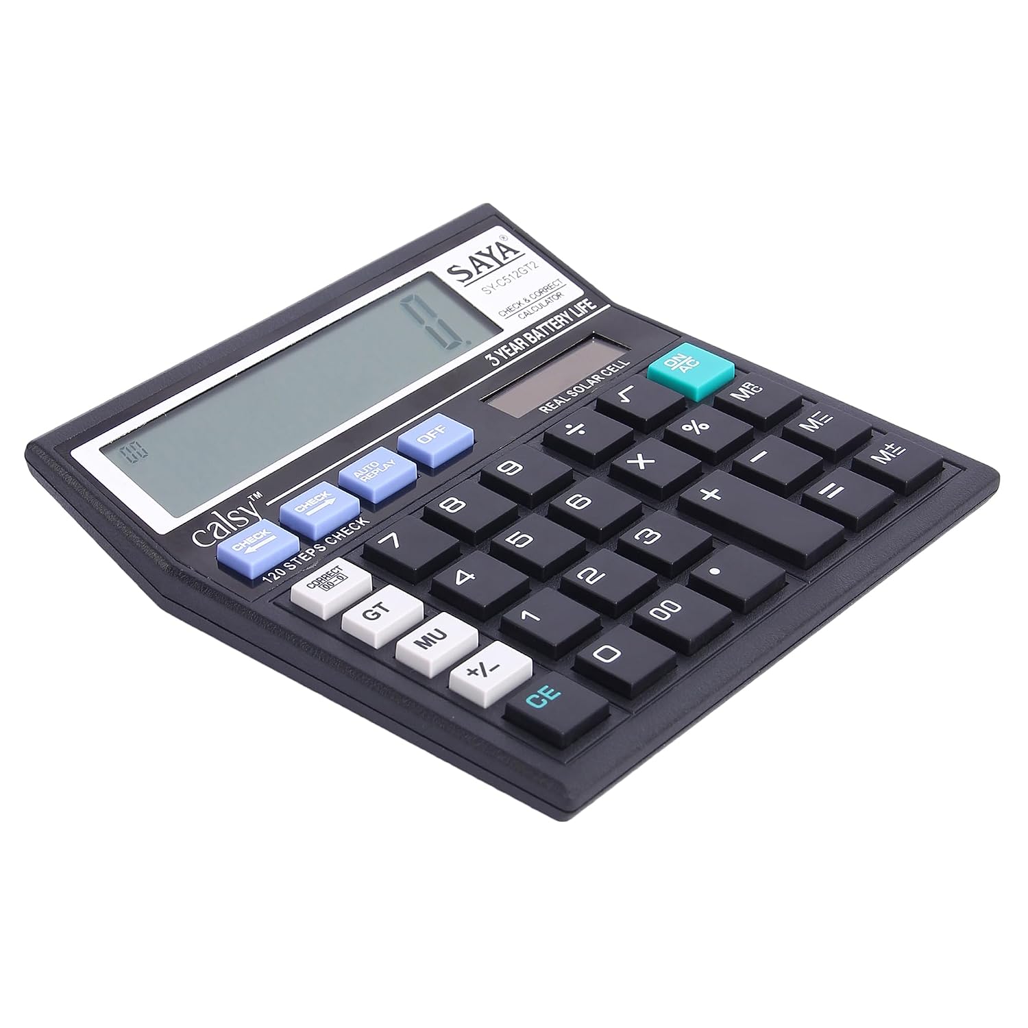 Saya Check And Correct Basic Desktop Calculator With 12-digit Large Display | Dual Power (Solar & Battery) | Ergonomic Design For Office & School Supplies | GST & Rate Function | 1 Year Warranty