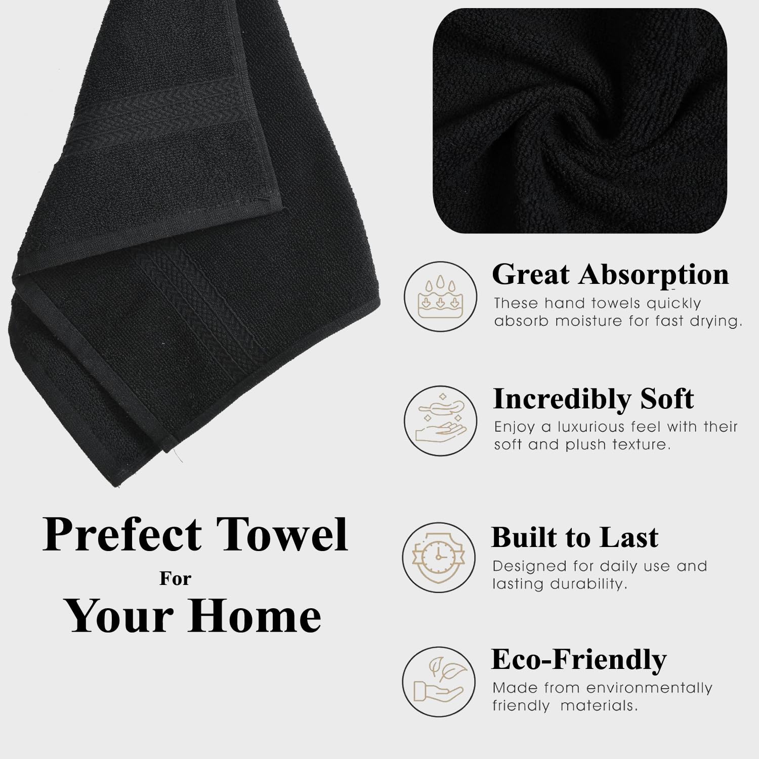 Fresh From Loom Luxury Fur Collection Hand Towel 500 Gsm Napkins Cotton High Absorbency Double Stitched Size (Black) - Set Of 6
