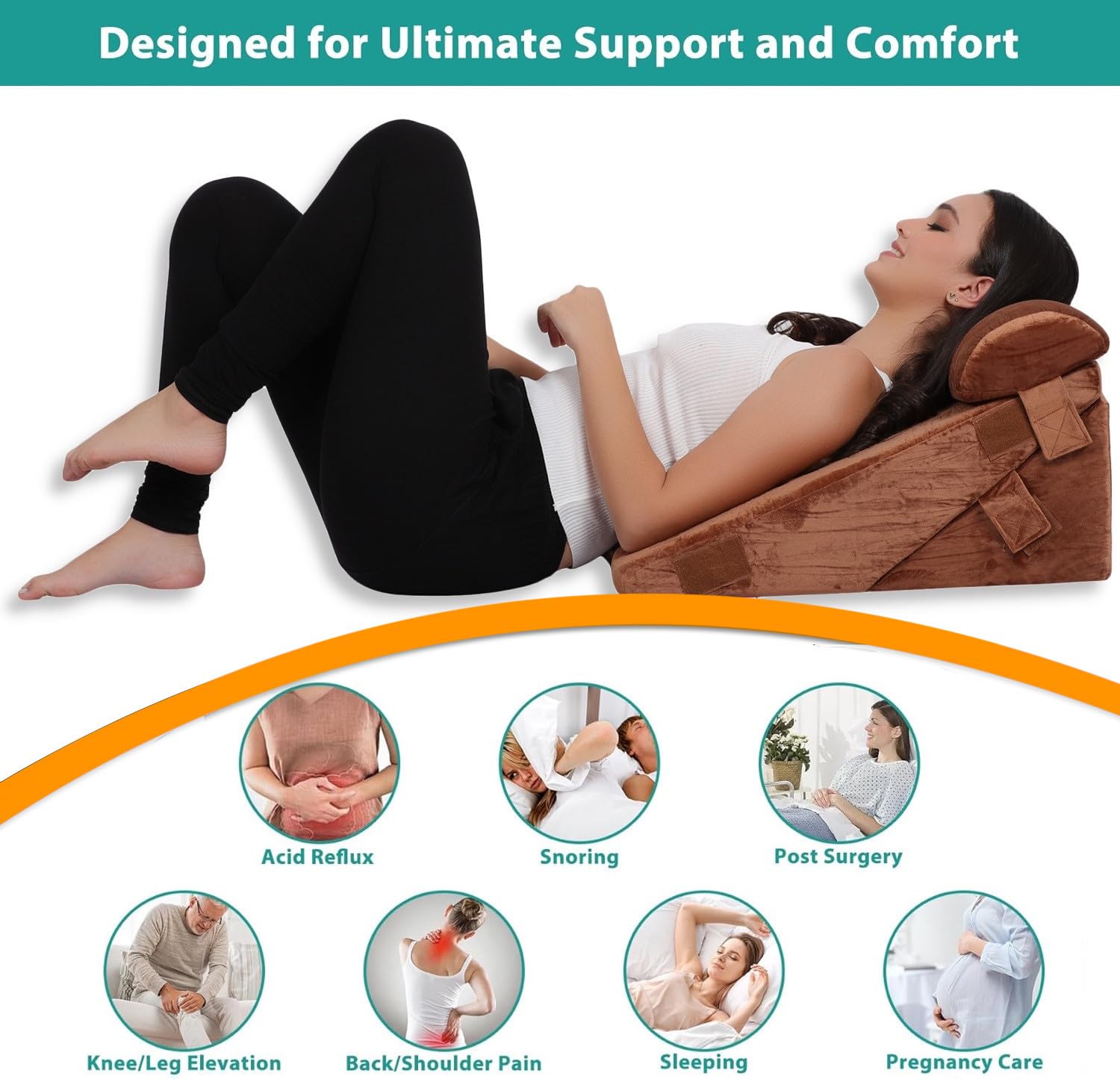 Orthopedic Bed Wedge Pillow, For Head Rest, Adjustable Wedge Cushion For Sleeping, Brown - 22 X 22 X 12 Inch | For Acid Reflux, Heartburn, Leg Support Pillow | Back Support, Pregnancy Pillow