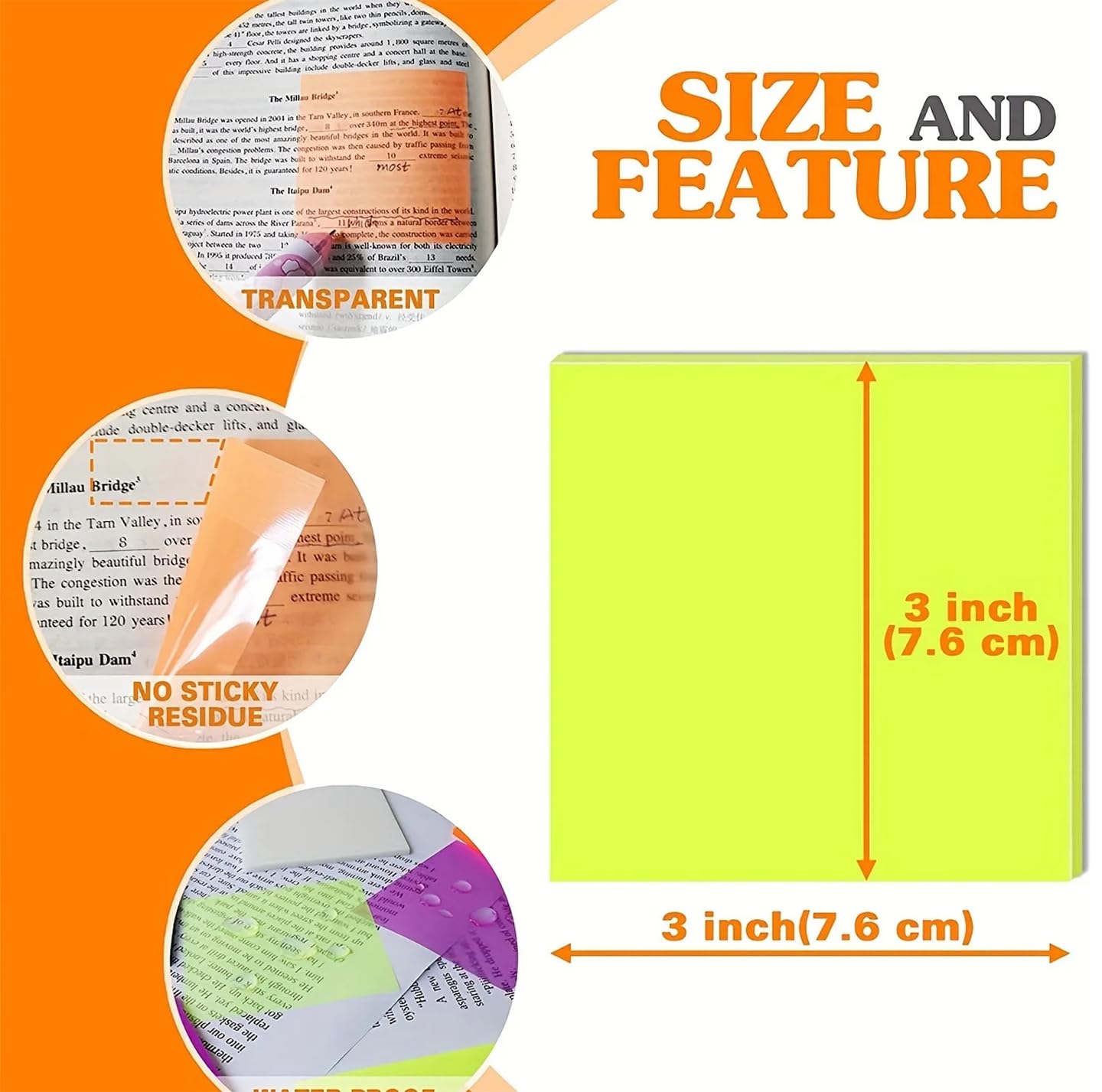 Transparent Sticky Note Pad, 5 Different Color 250 Sheets | Self-Sticky Note Pads, 3 X 3 Inch