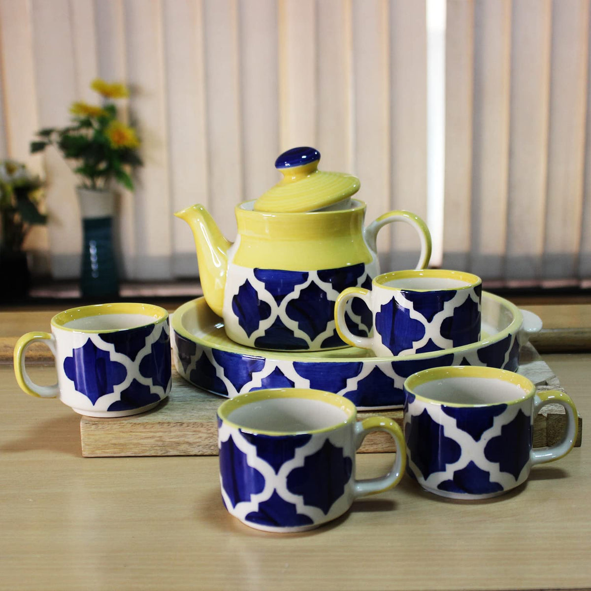 Hand Painted Blue Moroccan Tea Set With Kettle - Ceramic Tea Kettle Set With 4 Cups, 150ml Each + 1 Kettle, 700ml + 1 Tray | 6 Pieces - Microwave Safe & Dishwasher Safe