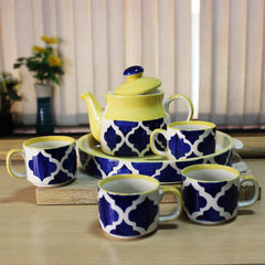 Hand Painted Blue Moroccan Tea Set With Kettle - Ceramic Tea Kettle Set With 4 Cups, 150ml Each + 1 Kettle, 700ml + 1 Tray | 6 Pieces - Microwave Safe & Dishwasher Safe