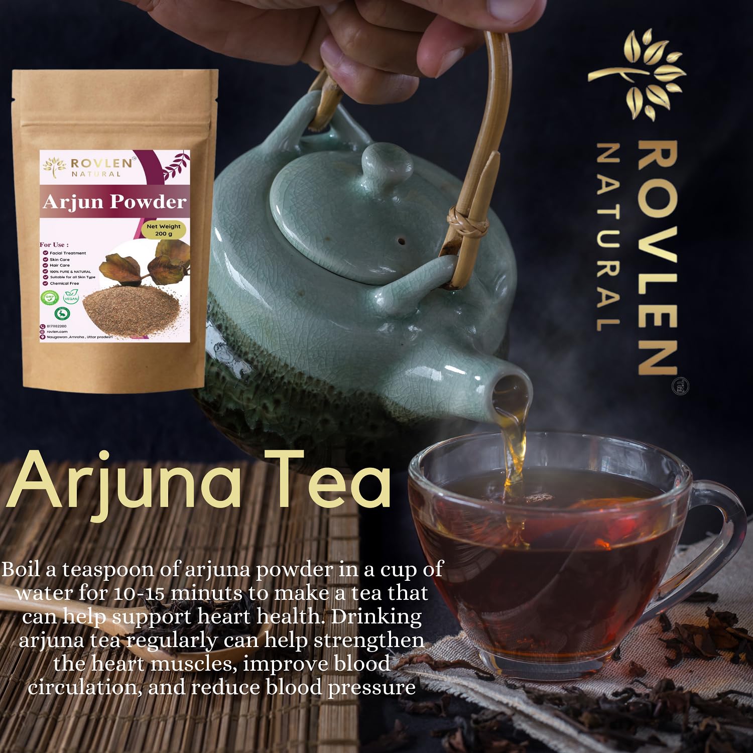 Rovlen Pure Arjun Ki Chaal Powder Triple Filtered Terminalia Arjuna Bark For Cardiovascular Support & Cholesterol Management | 100gm 0.2lbs