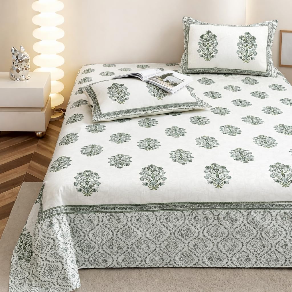 Hand Printed Cotton Bedsheet For King Size With 2 Pillow Covers | 90 X 108 Inches, White & Green | Ultra-Soft & Skin-Safe | Breathable Summer Comfort