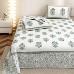 Hand Printed Cotton Bedsheet For King Size With 2 Pillow Covers | 90 X 108 Inches, White & Green | Ultra-Soft & Skin-Safe | Breathable Summer Comfort