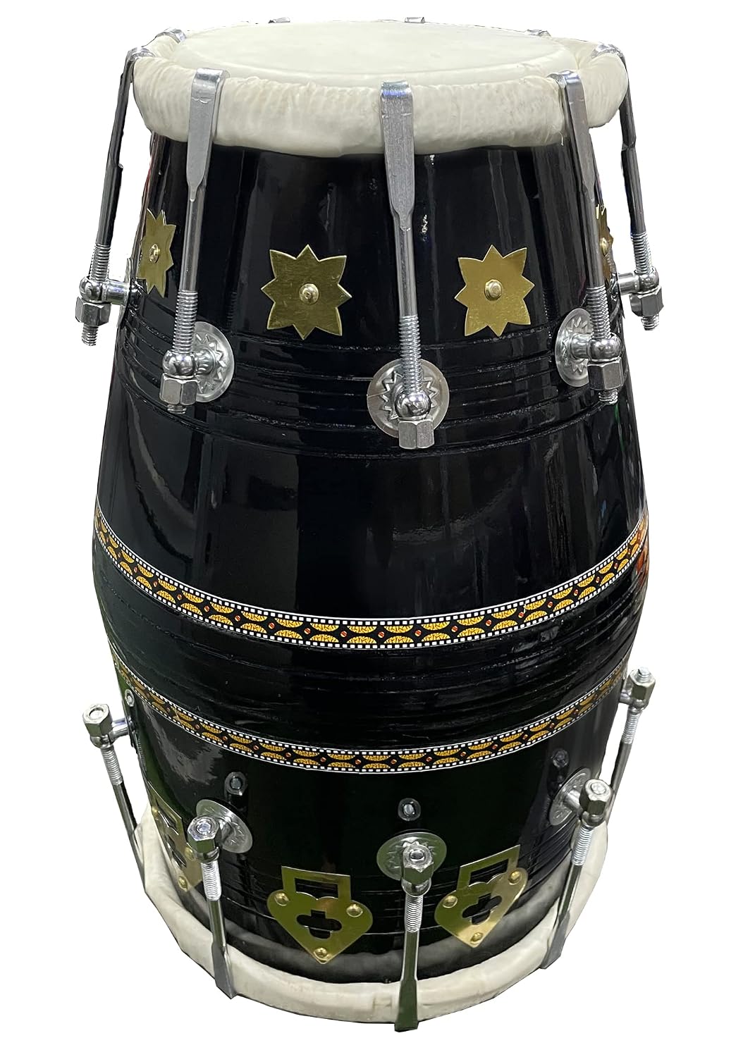 Mango Wooden Professional Glassy Black Dholak With Nut & Bold Fitting | Both Side Wild Gold Skin Made Ring