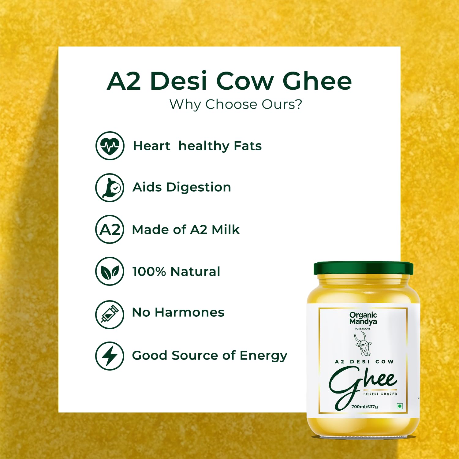 100% Pure A2 Desi Cow Ghee By Organic Mandya | Highly Nutritious Helps Keep Your Boost Energy Desi Cow Ghee | (700ml) 23.6 Ounce | Jar Pack
