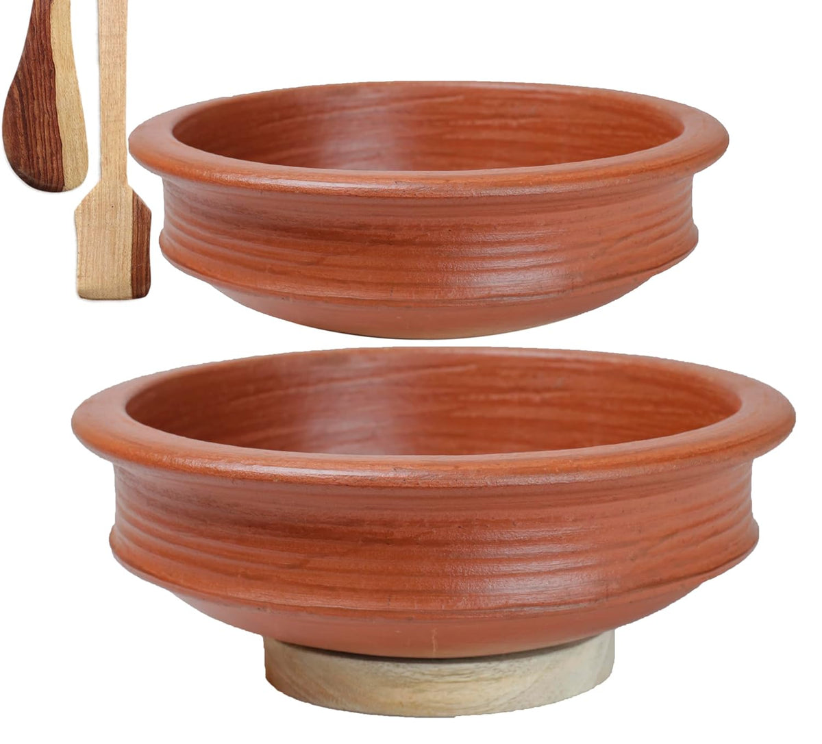 Deep Burned Uncoated Clay Pot Or Mitti Handi Combo With 2 Wooden Spatulas Complimentary Pack Of 2 - Red, 1 + 3 Liters | Pre-Seasoned Mud Pot - Unglazed, Double Fired, Hand Crafted