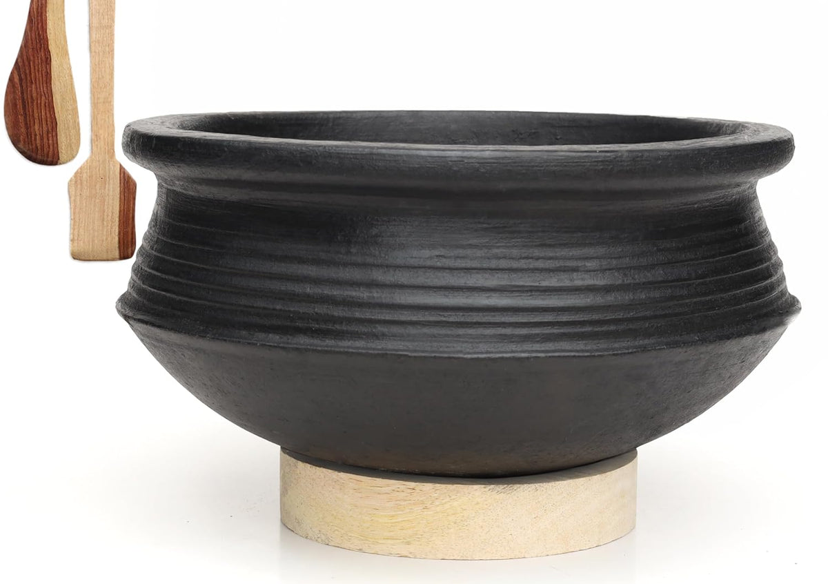 Deep Burned Uncoated Clay Biryani Pot Or Mitti Handi With 2 Wooden Spatulas Complimentary For Cooking & Serving - Black, 3 Liters | Pre-Seasoned Mud Pot - Unglazed, Double Fired, Hand Crafted