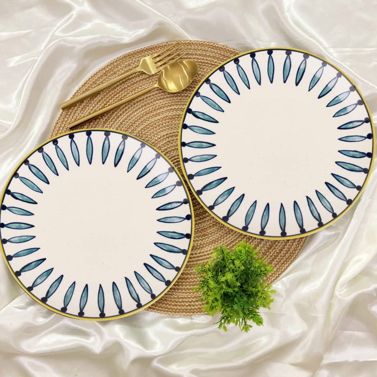 Hand Painted Ceramic Dinner Serving Plates Set Of 2 - White & Blue, 10 Inches | Full Plates - Ceramic Platter - Kyoto Collection