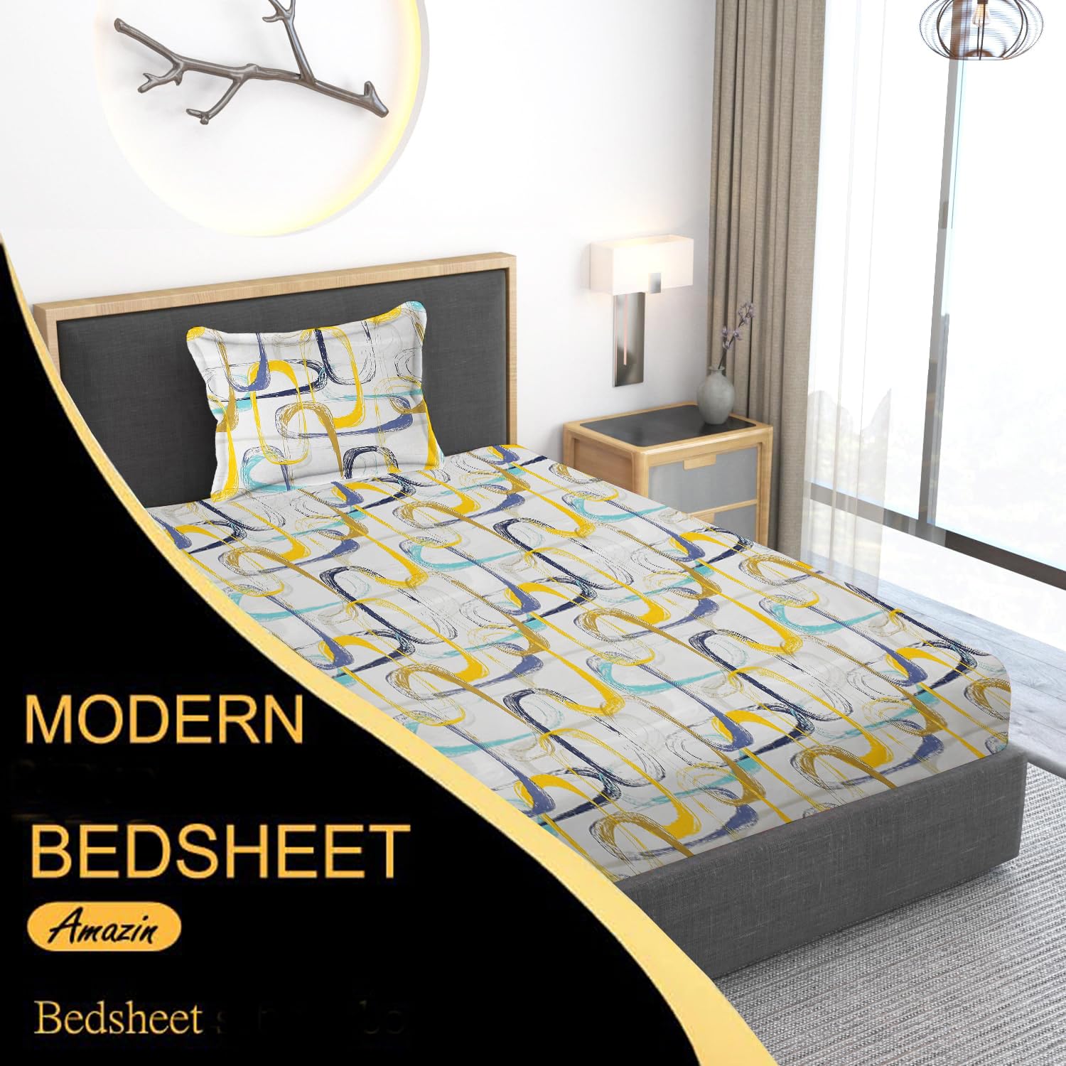 Print Cotton 1 Single Bedsheet With 1 Pillow Cover - 60 X 90 Inches, Yellow & Grey | Soft & Breathable Fabric, Skin-Friendly Bed Sheet For All Seasons