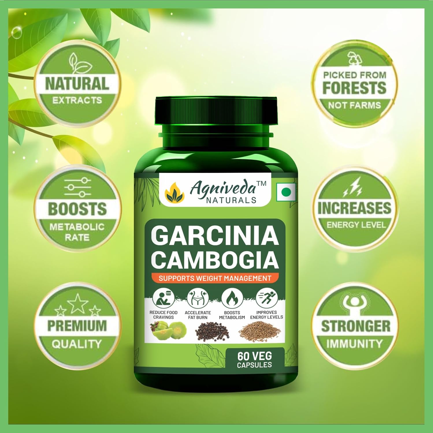 Agniveda Naturals Garcinia Cambogia Capsules Natural Weight Loss Supplement 1000mg Extract, Supports Metabolism & Energy, Supports Appetite Control, Reduce Fat Storage | 60 Capsules 100gm 0.2lbs