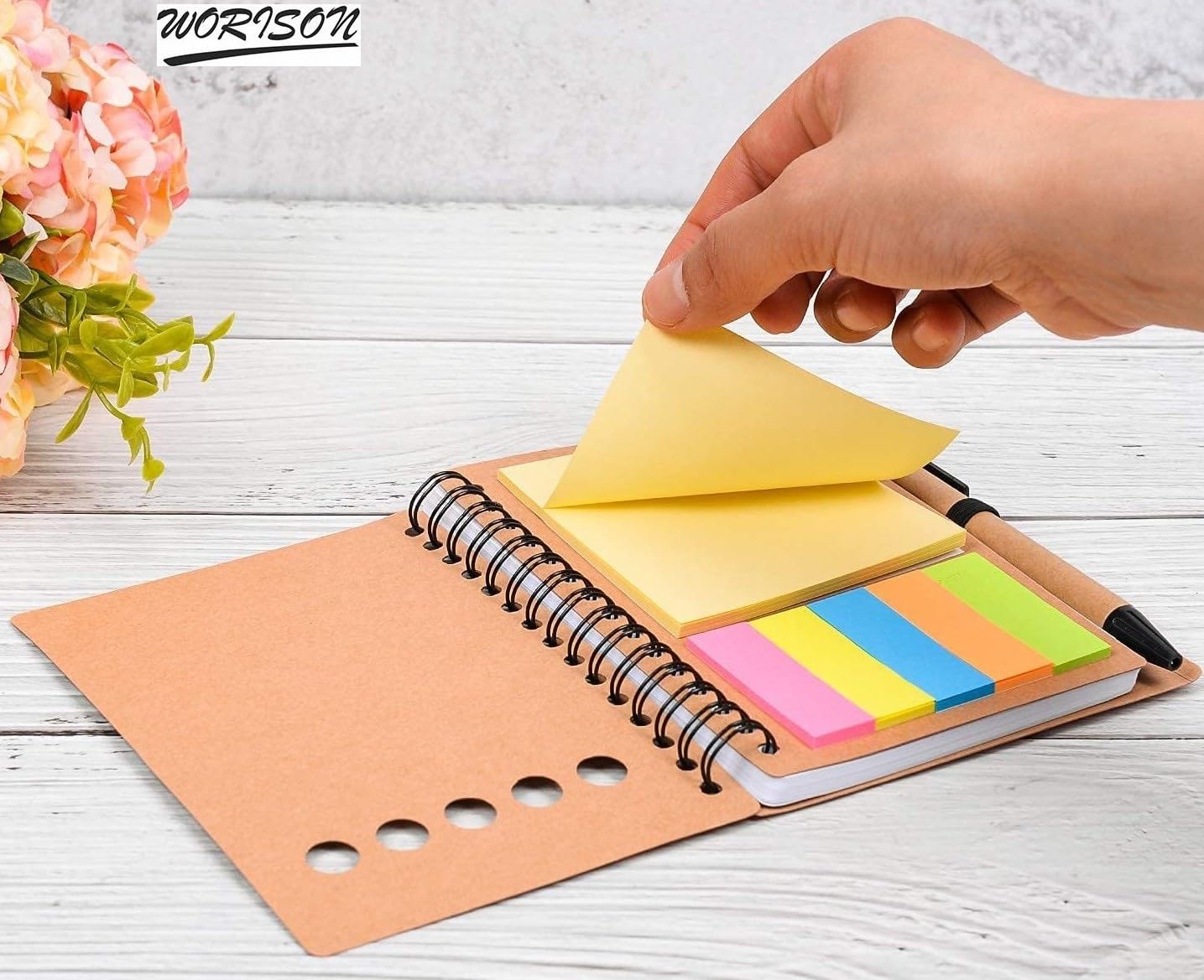 Ruled Spiral Notebook With Sticky Notes Kraft Paper Cover Notepad With Pen | Pack Of 4 - 200 Pages