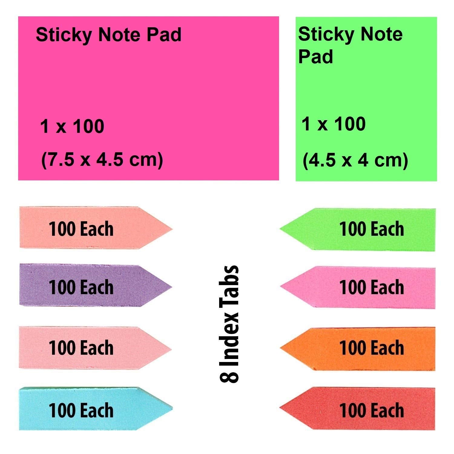 Sticky Note Memo Pad With 8 Sticky Tabs | Bright Neon Color Cute Sticky Notes Set - 100 Sheet Each