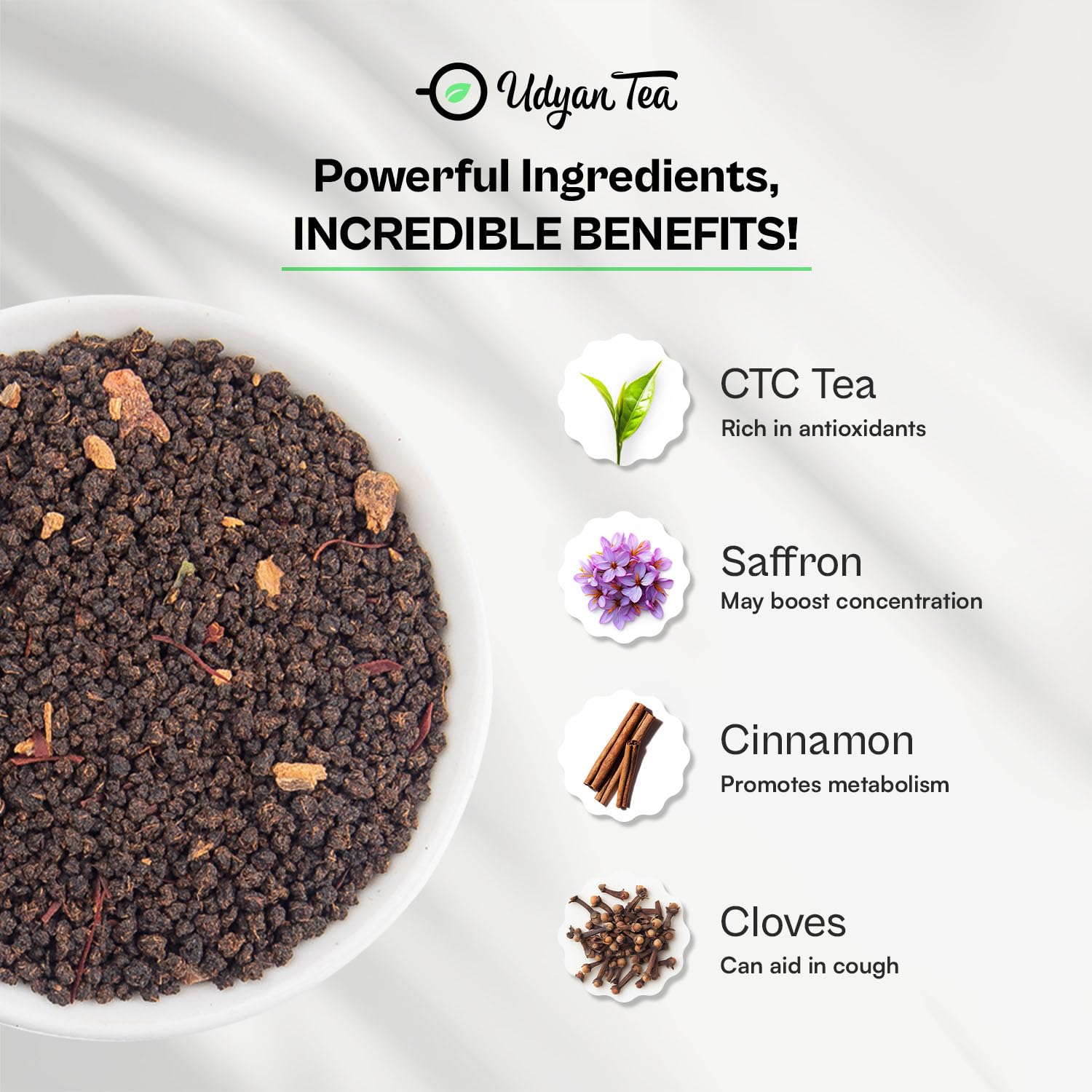 Udyan Tea Saffron Chai - 250gm, 8.8 Ounce | Premium Whole Leaf CTC Tea With Saffron & Natural Spices - Traditional Indian Spice Chai Latte | High Caffeine Tea Leaf