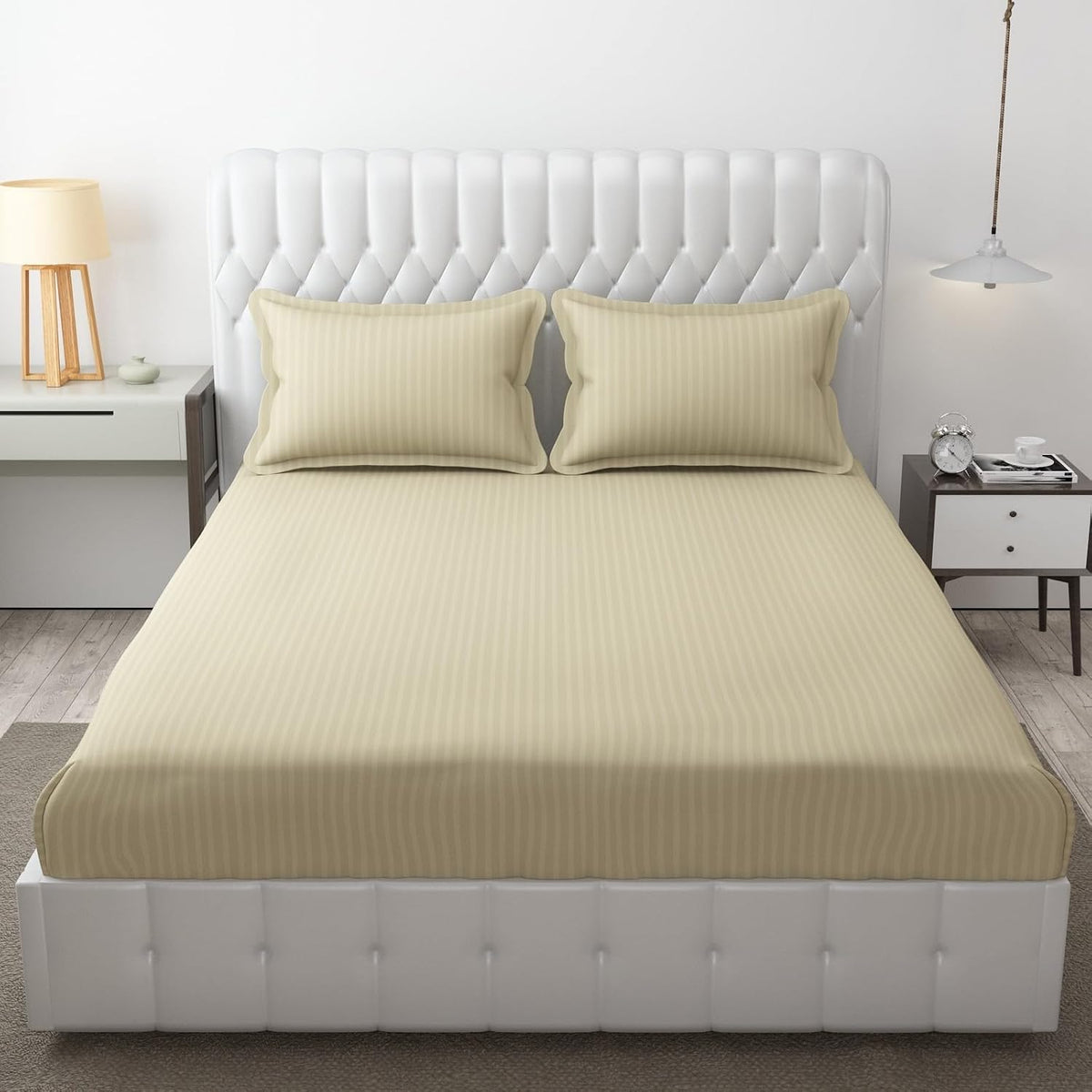 Elastic Fitted Bedsheet For Double Bed With Two Pillow Covers | King Size - 72 X 78 Inches, Beige | Durable & Soft Fabric Offers Comfort
