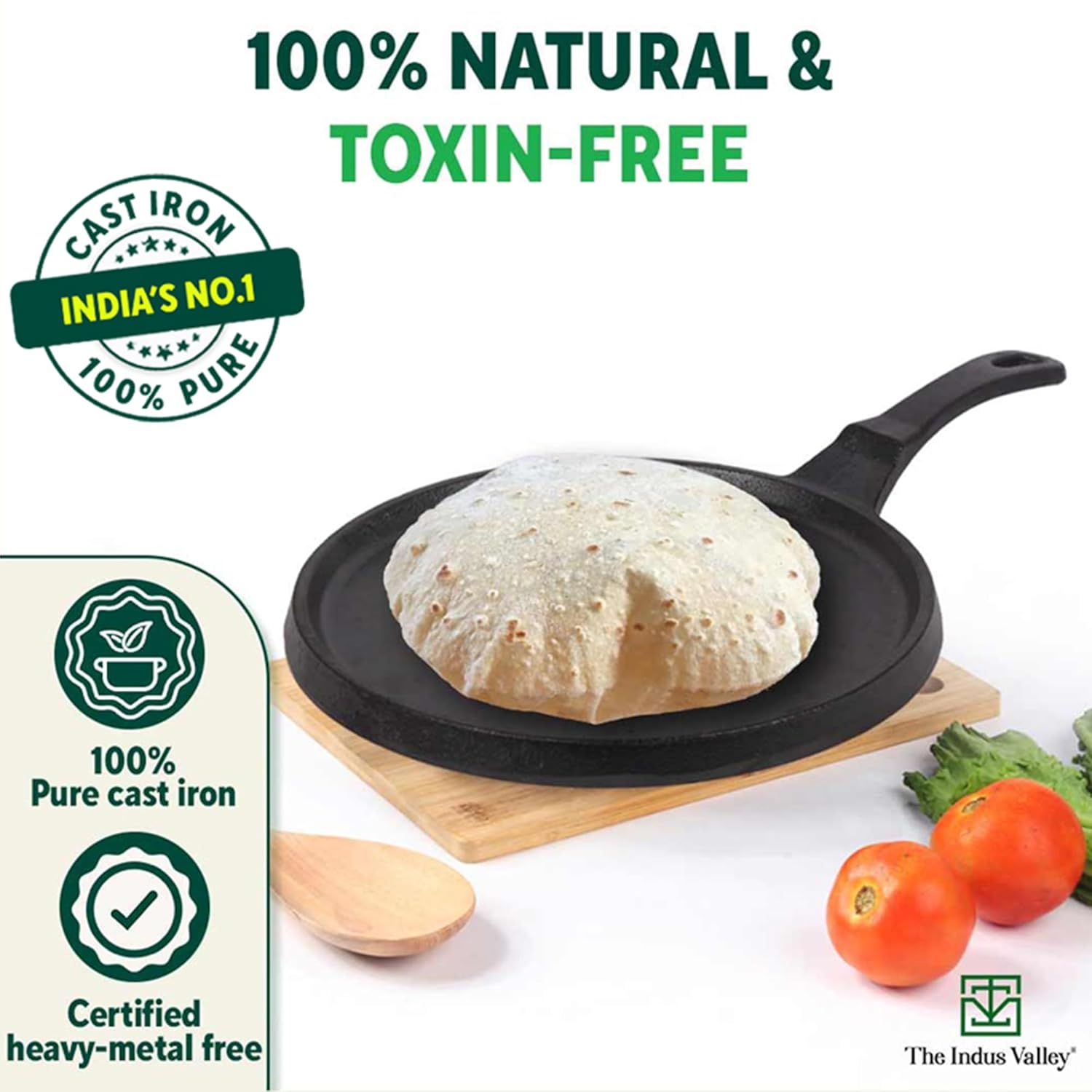 Pre-Seasoned Black Cast Iron Tawa For Dosa, Chapathi - 25.5cm, 10 Inch, 2.1 Kg | Induction Friendly, Naturally Nonstick, 100% Pure & Toxin-Free, No Chemical Coating