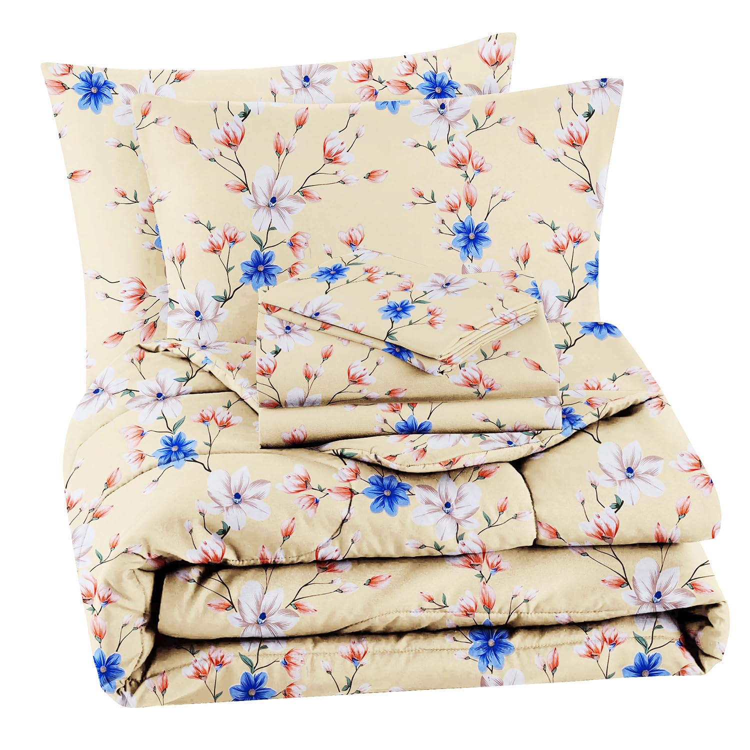 Bedding Set 1 Double Bedsheet, 2 Pillow Covers With 1 Comforter | 90 X 90 Inches, Almond & Blue | Perfect For Queen Bed Durable & Wrinkle Free - All Season Bedding