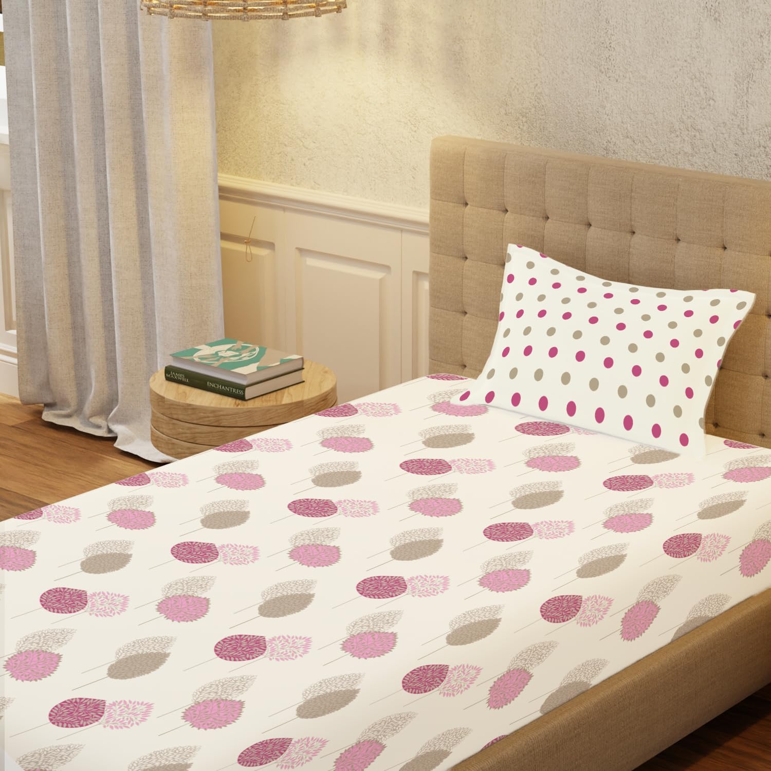 Bedsheet For Single Bed With 1 Pillow Cover | 58 X 90 Inches, Cream & Pink - 200 Thread Count Soft & Comfortable | Ideal For Bedroom, Guest Room, House